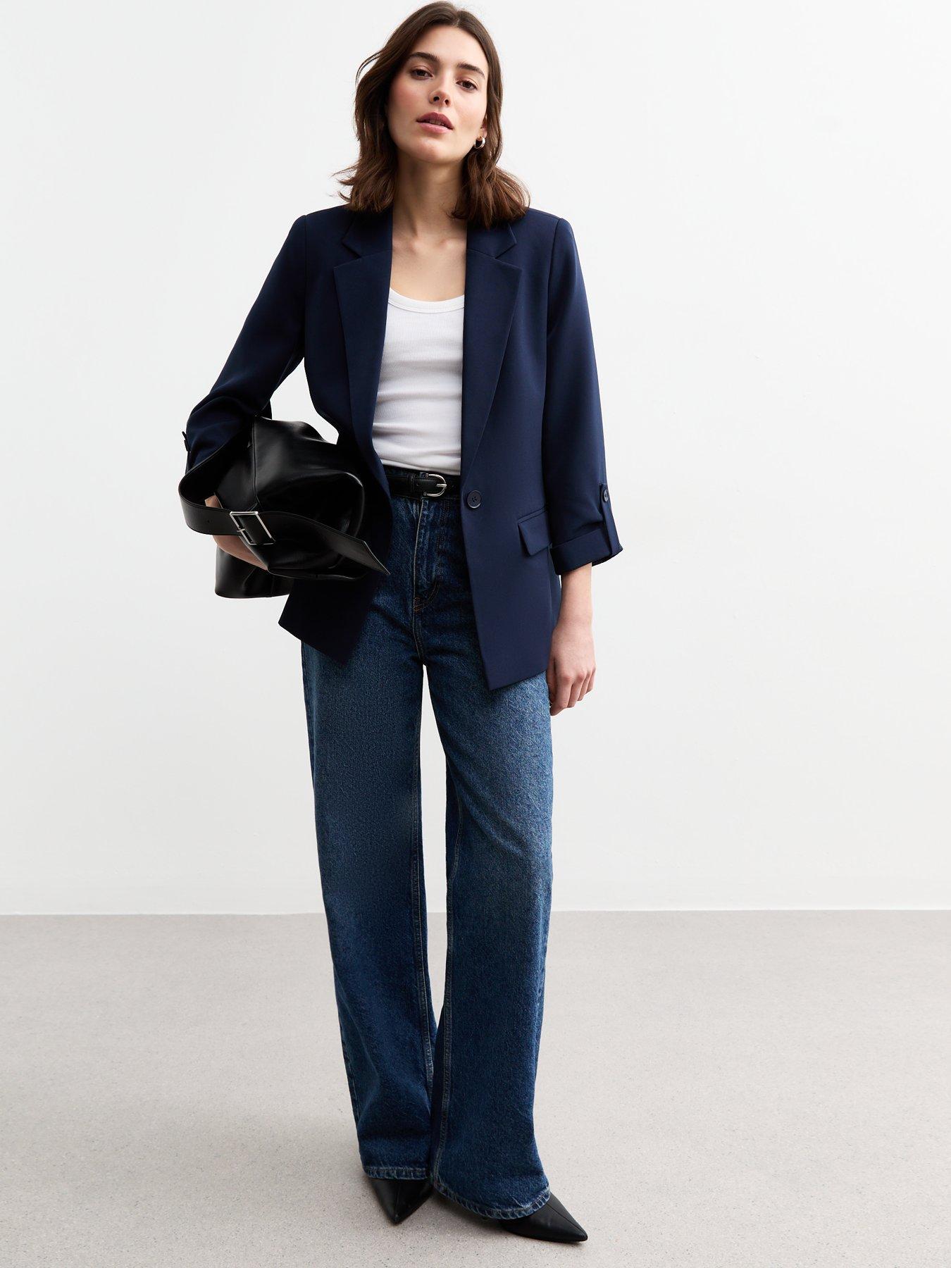 Image 3 of 5 of New Look Navy Cropped Sleeve Blazer