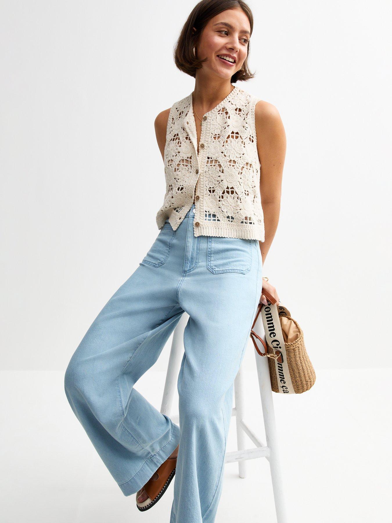 Image 4 of 6 of New Look Pale Blue Wide Leg Patch Pocket Soft Denim