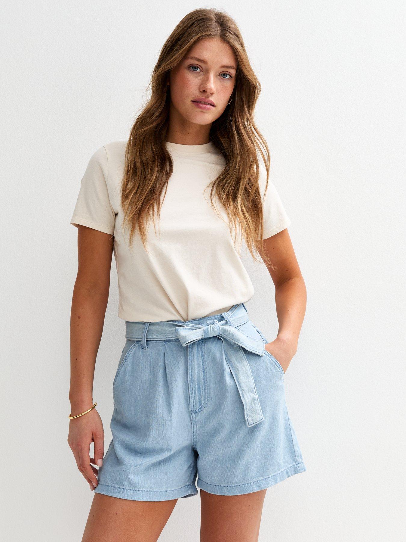 undefined Light Blue Pleat Belted Denim Short