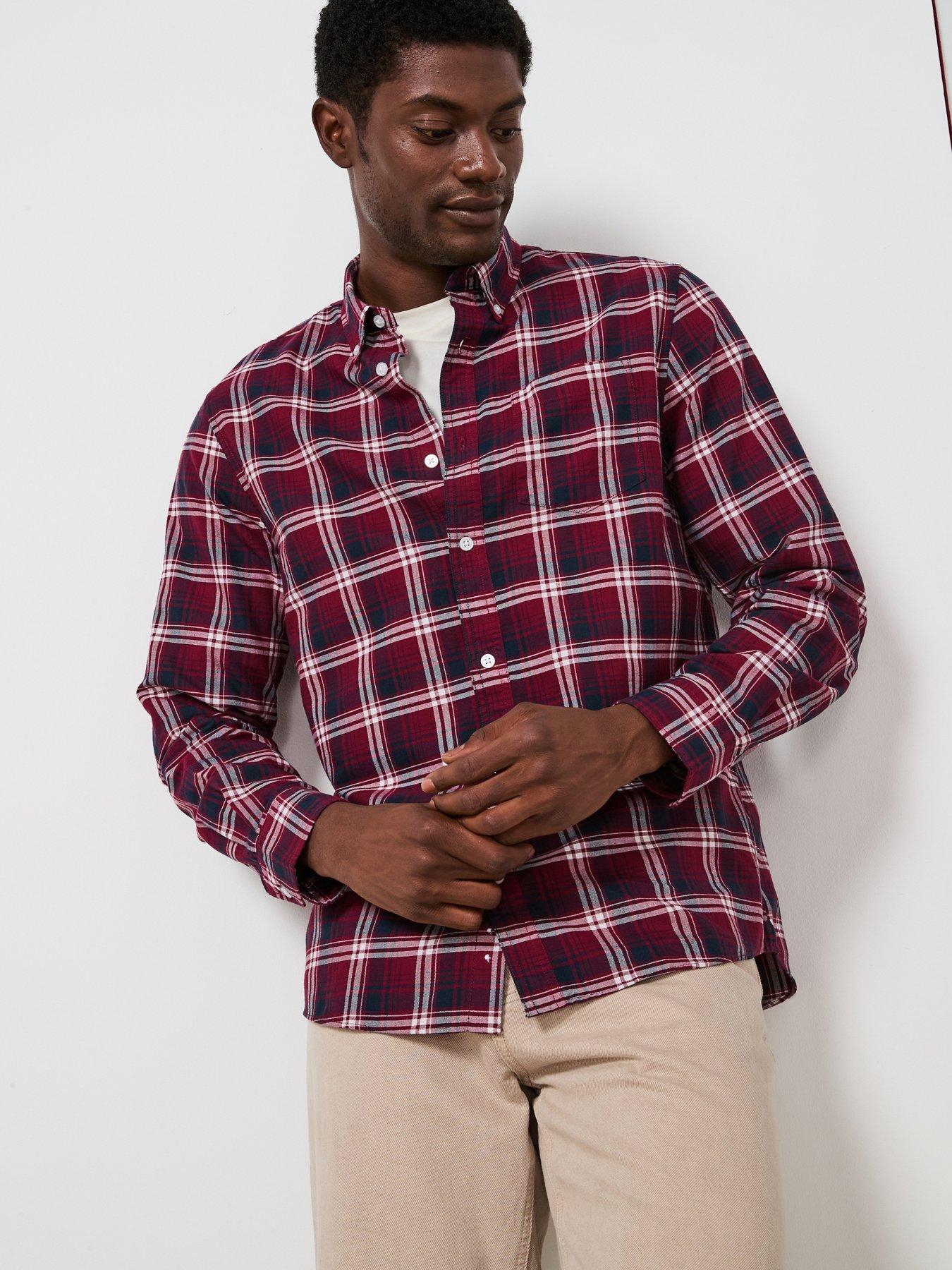 Very Man: Pure Cotton Long Sleeve Poplin Check Shirt - Burgundy