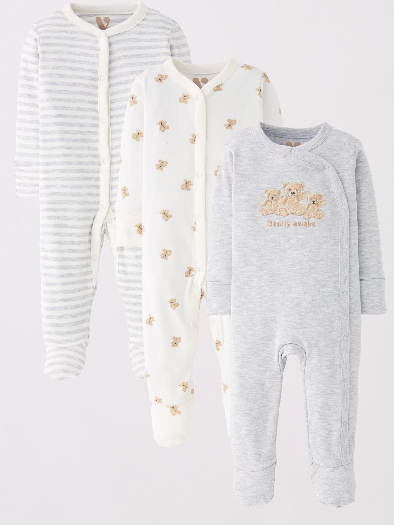 Mini V by Very Baby Boys 3 Pack Teddy Bear Sleepsuits - Beige