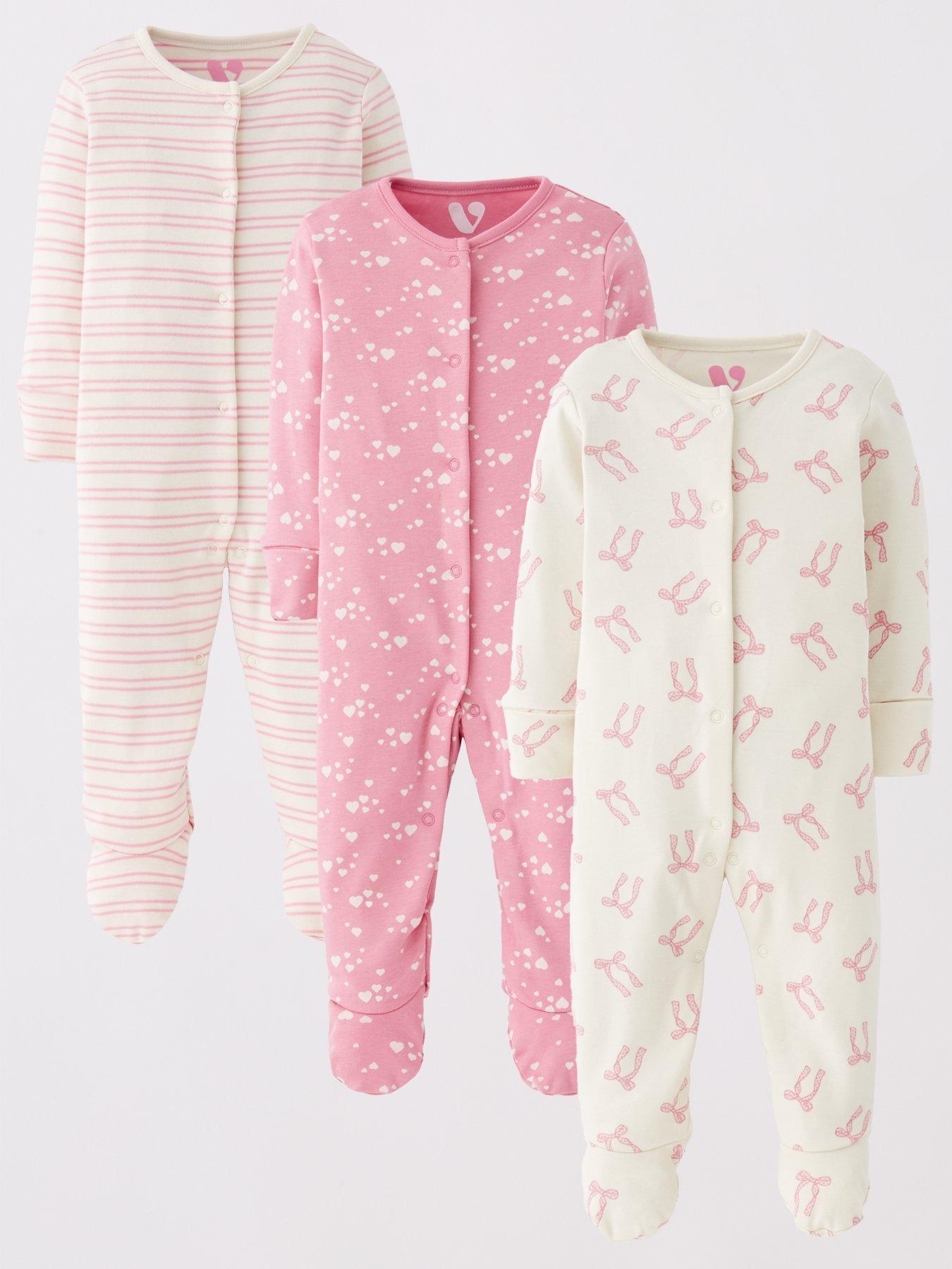 Image 1 of 5 of Mini V by Very Baby Girl Bow 3 Pack Sleepsuits - Pink