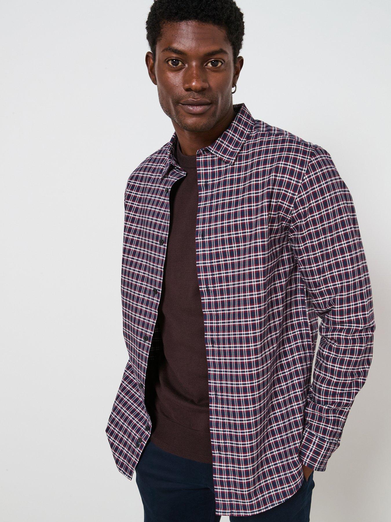 Very Man Pure Cotton Micro Check Oxford Long Sleeve Shirt - Burgundy | Very