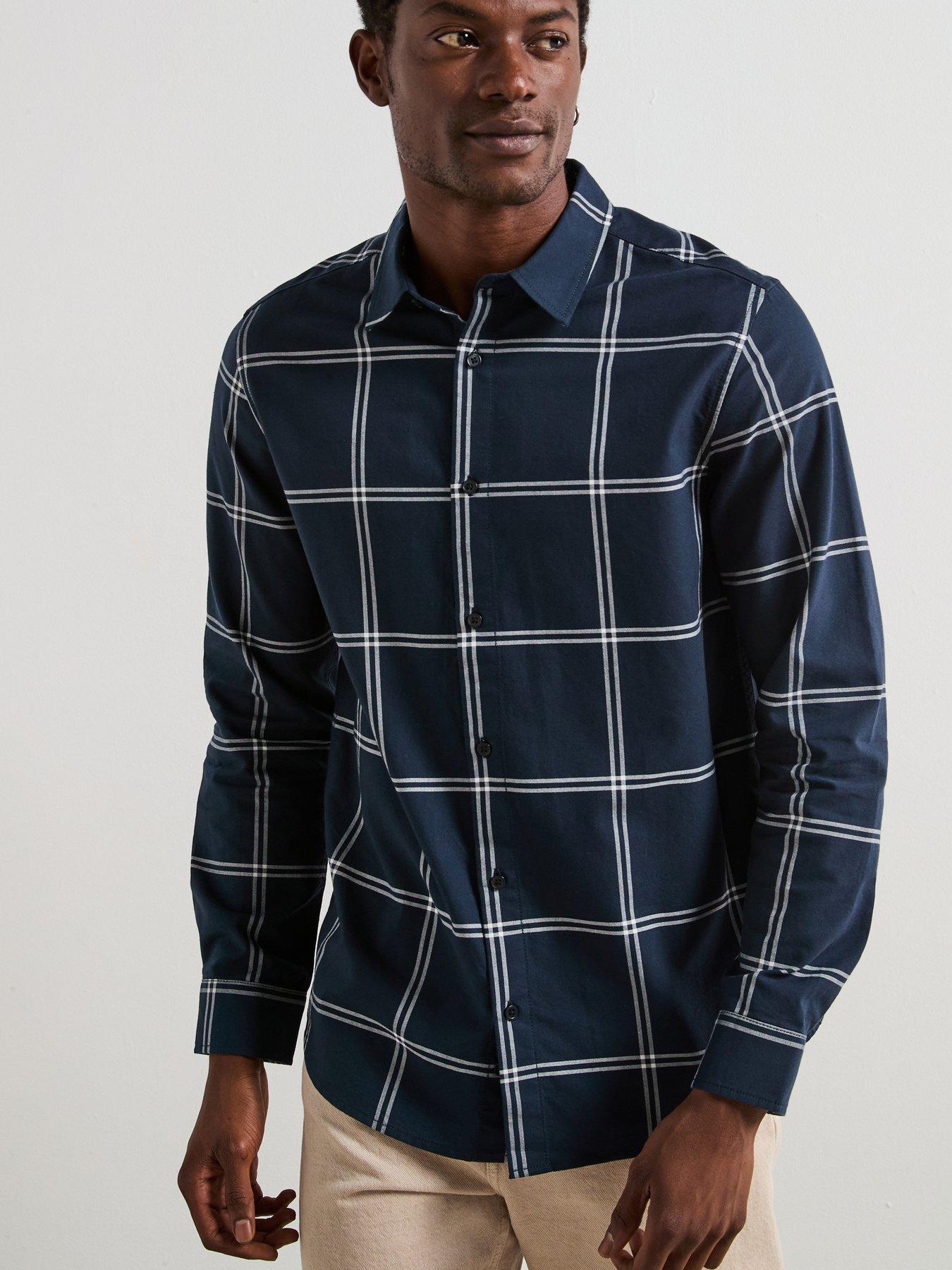 undefined Pure Cotton Windowpane Check Oxford Long Sleeve Shirt - Navy