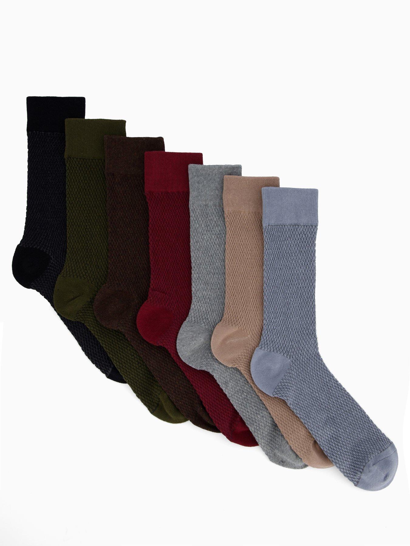 undefined 7 Pack Assorted Textured Socks - Black/Beige/Khaki/Blue/Burgundy
