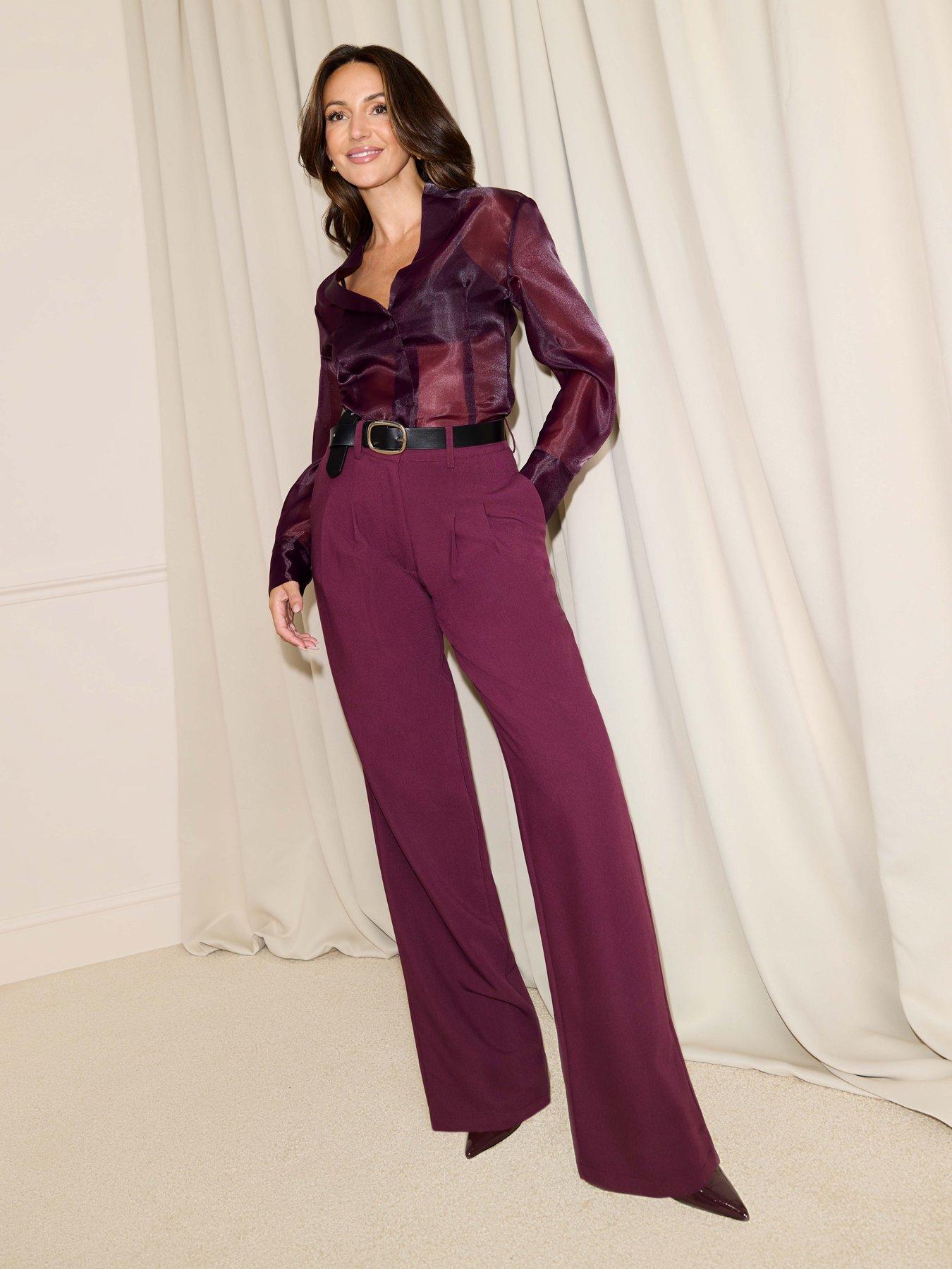 Image 3 of 5 of Michelle Keegan Longline Cinched Organza Shirt - Burgundy