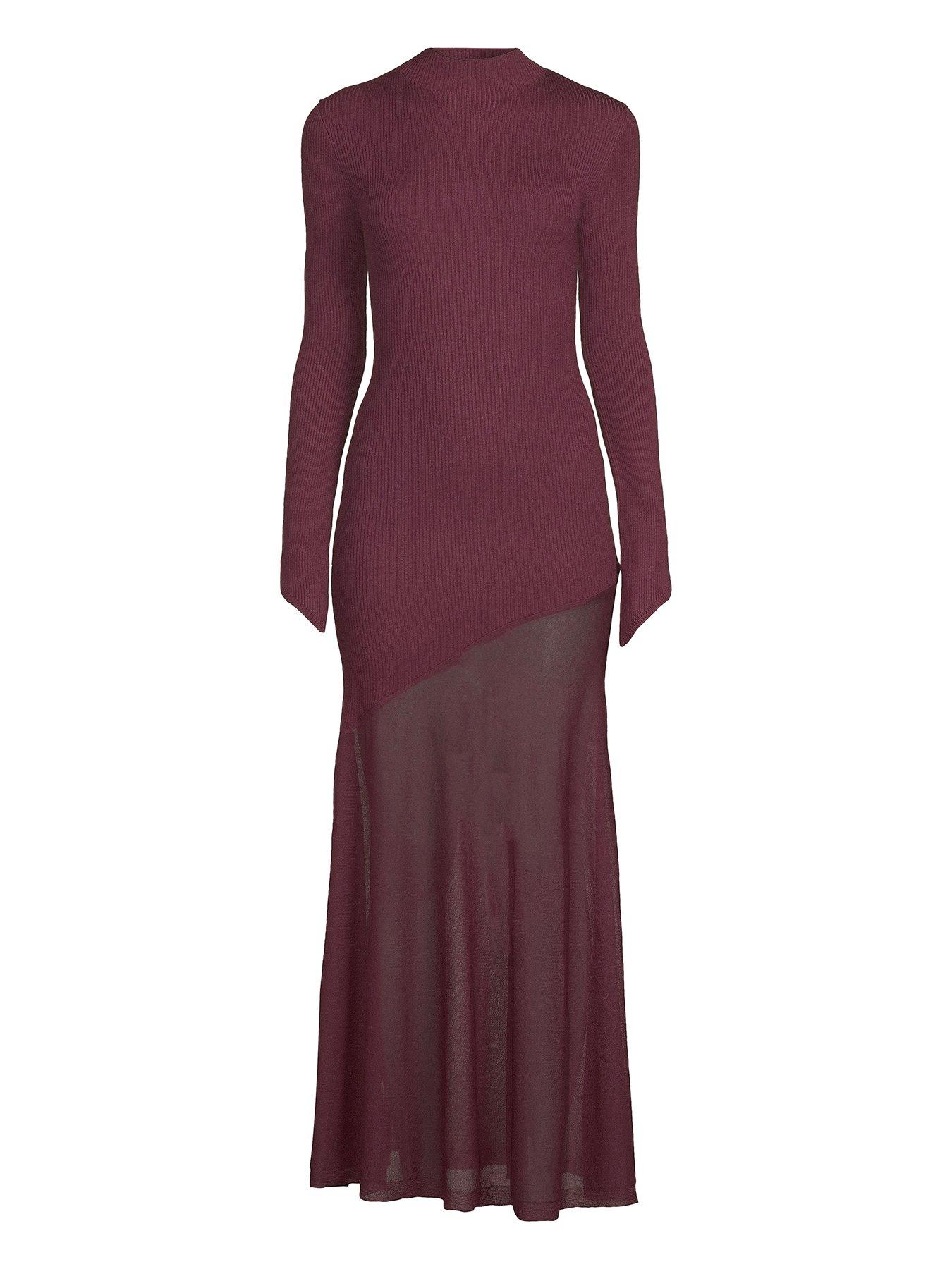 Image 4 of 4 of Michelle Keegan Knitted Asymmetric Hem Dress - Burgundy