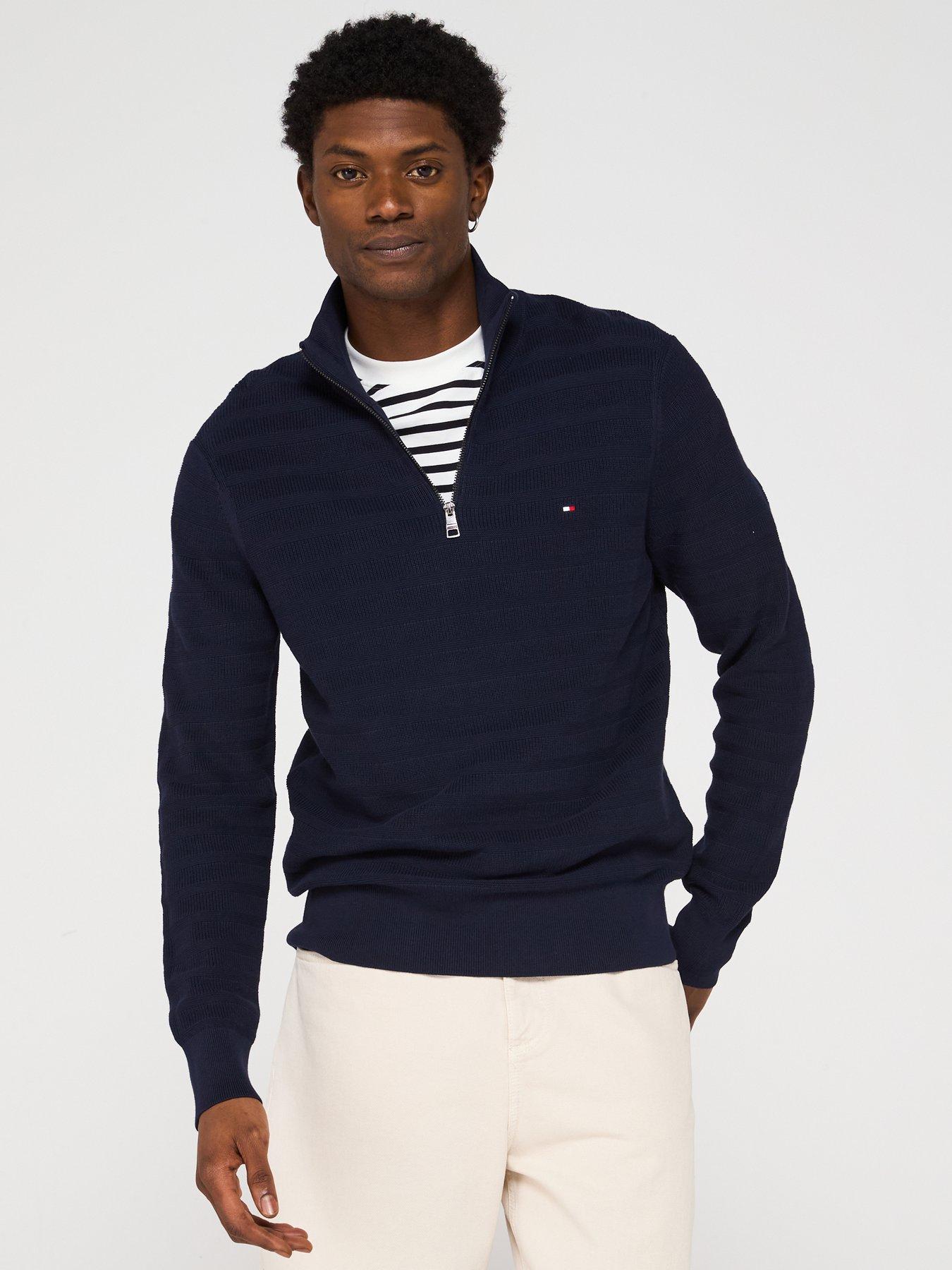 undefined Stripe Structure Zip Mock Knitted Jumper - Navy