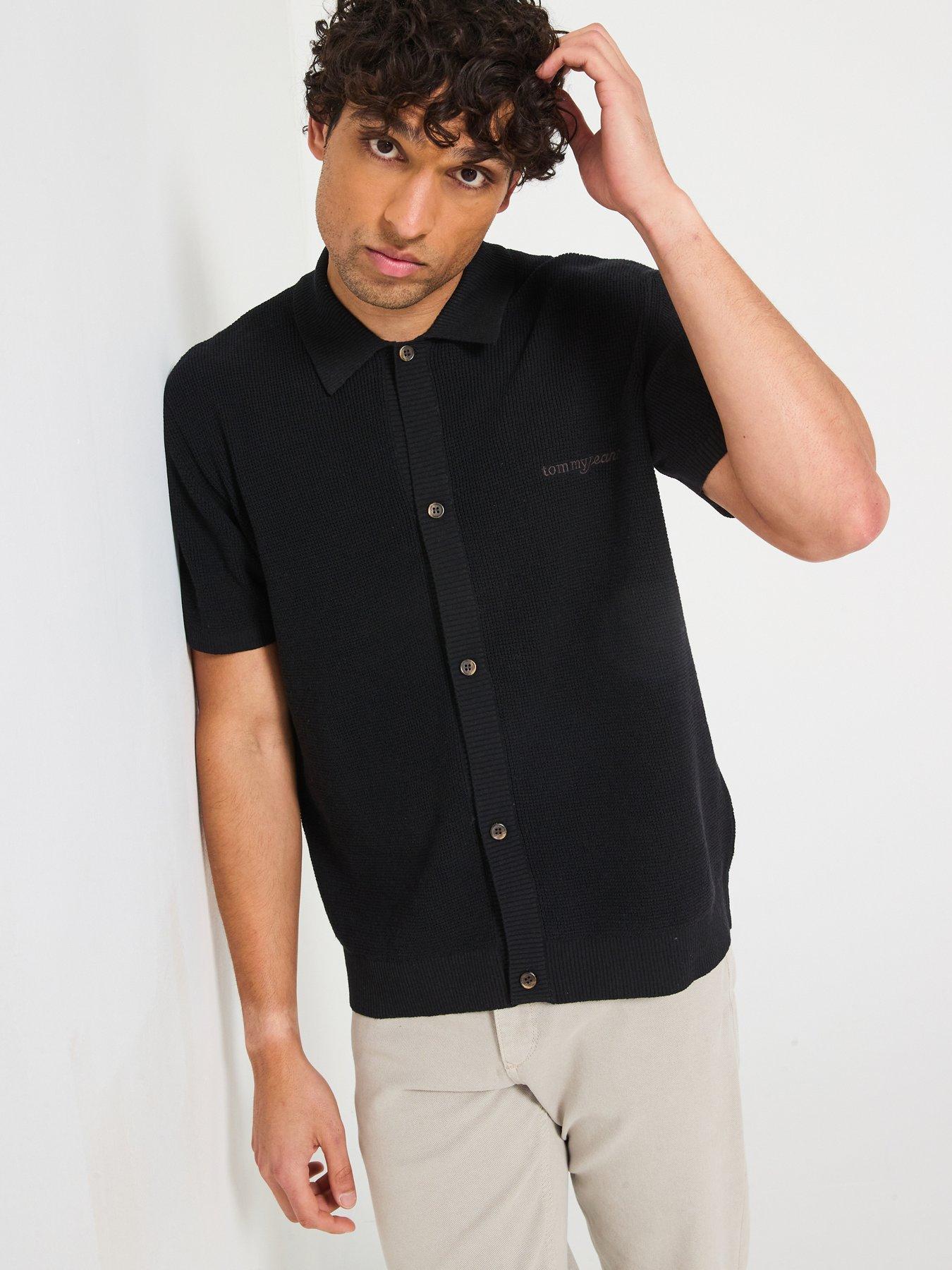 undefined 90S Script Button Thru Short Knitted Sleeve Polo Shirt - Black