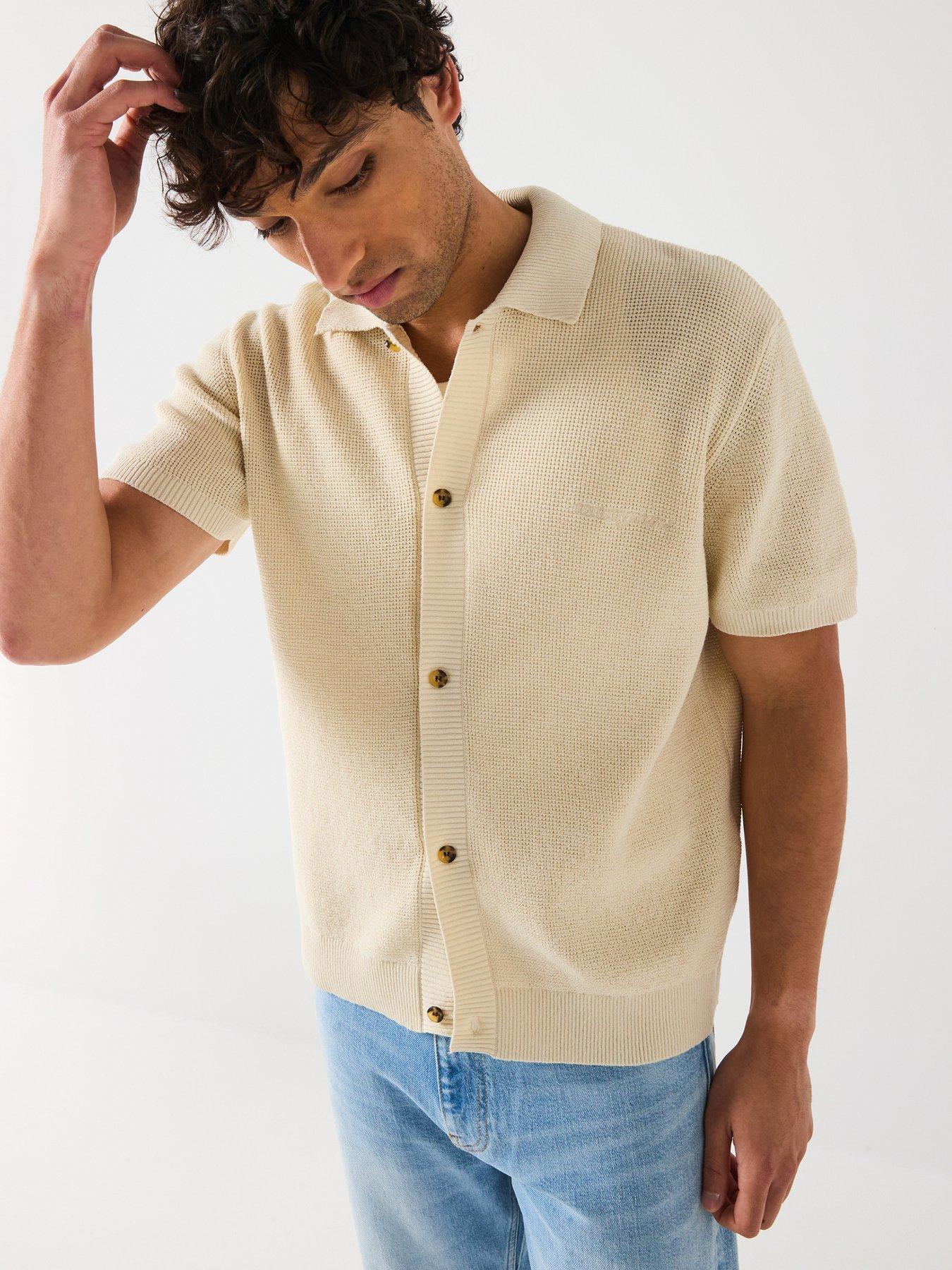 undefined 90S Script Button Thru Short Knitted Sleeve Polo Shirt - Beige