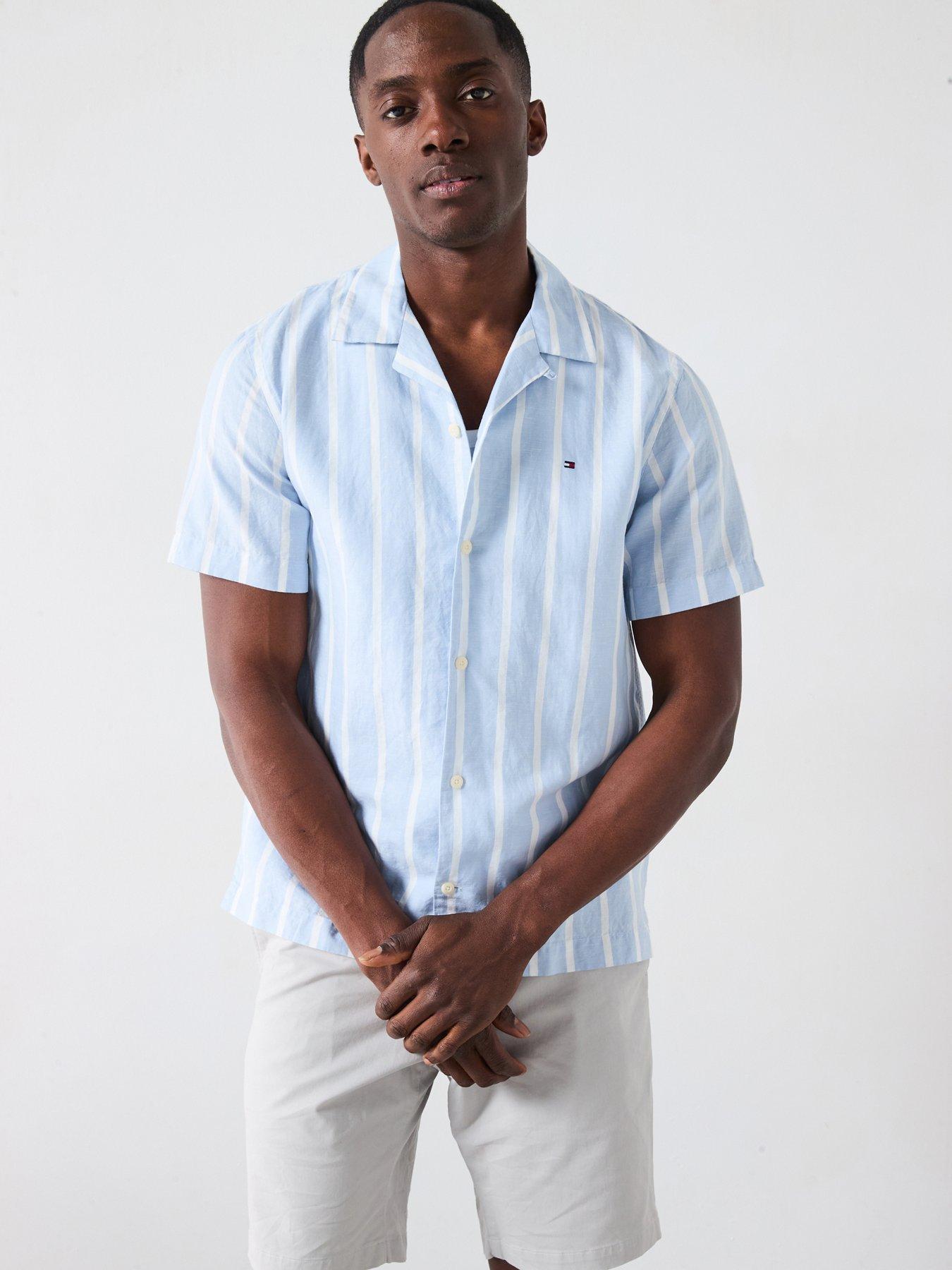 Image 1 of 6 of Tommy Hilfiger Linen Blend Striped Short Sleeve Regular Fit Shirt - Blue