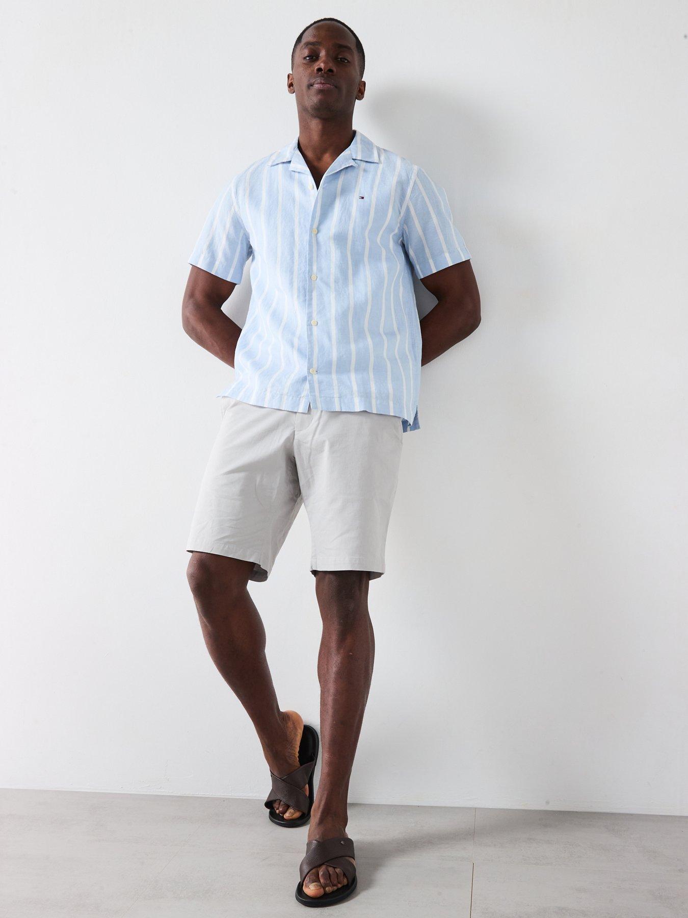 Image 3 of 6 of Tommy Hilfiger Linen Blend Striped Short Sleeve Regular Fit Shirt - Blue