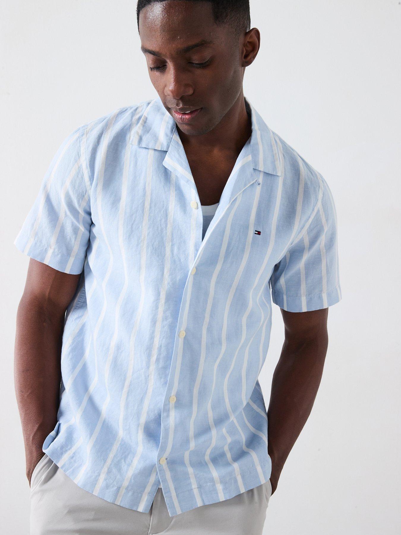 Image 5 of 6 of Tommy Hilfiger Linen Blend Striped Short Sleeve Regular Fit Shirt - Blue