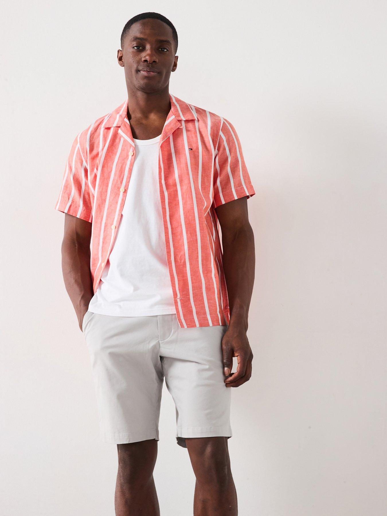 undefined Linen Blend Striped Short Sleeve Regular Fit Shirt - Orange