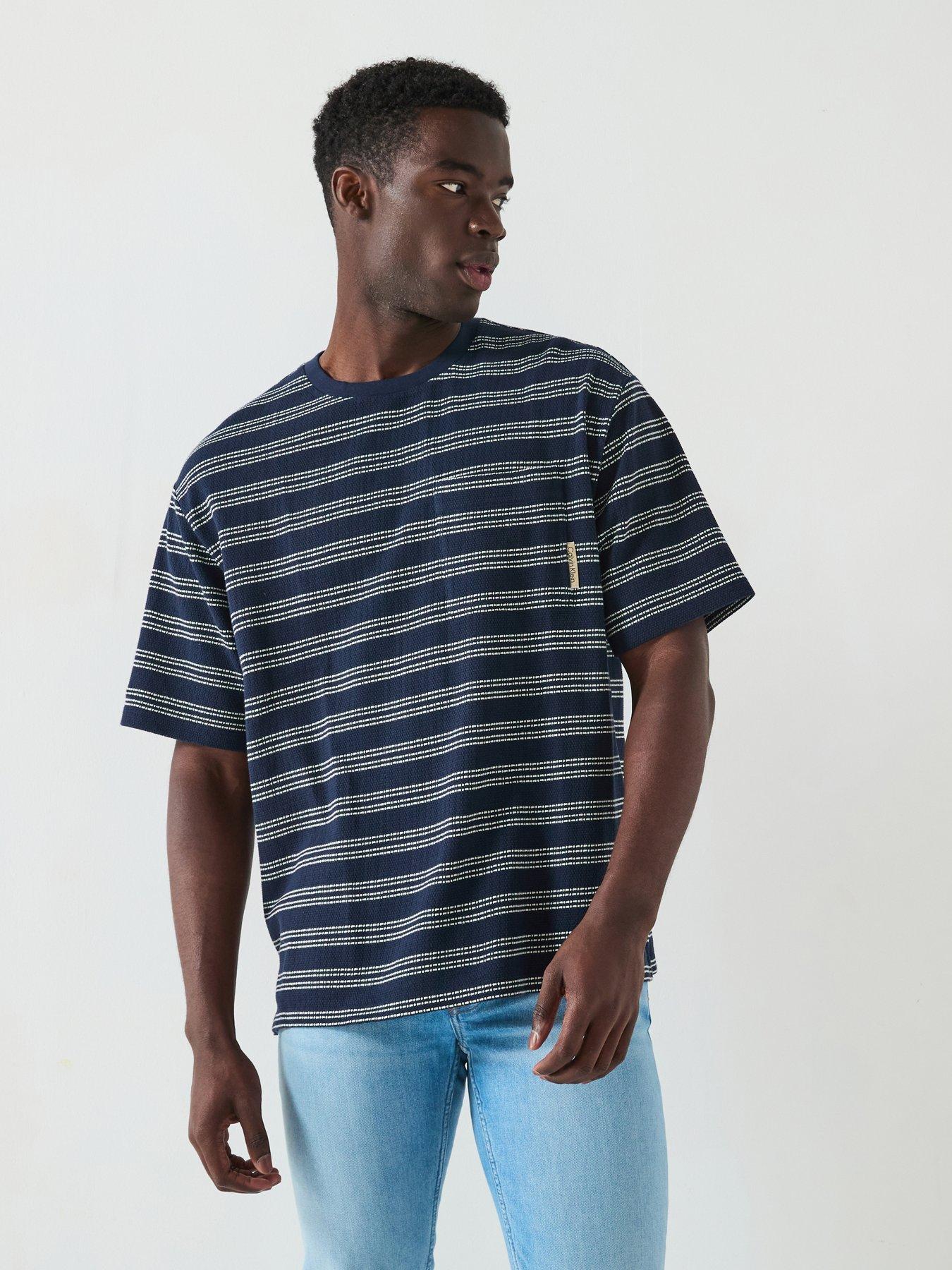undefined Short Sleeve Stripe Jacquard Relaxed Fit Pocket T-Shirt - Navy