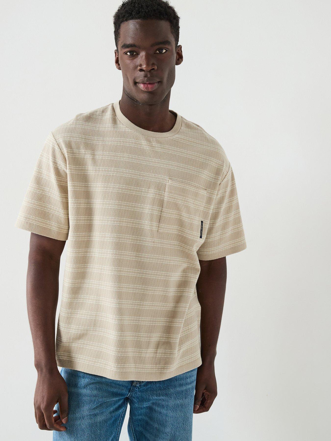 undefined Short Sleeve Stripe Jacquard Relaxed Fit Pocket T-Shirt - Beige