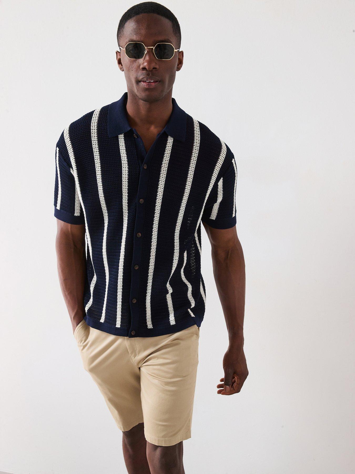 undefined Vertical Stripe Knitted Short Sleeve Shirt - Navy