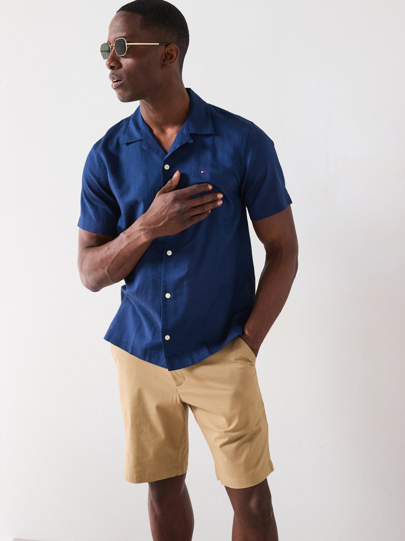 undefined Linen Blend Short Sleeve Regular Fit Revere Shirt - Navy