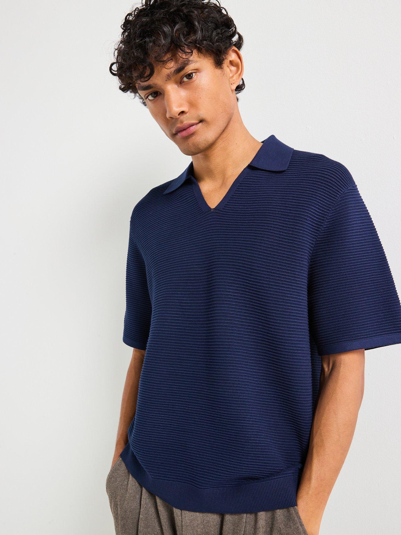 undefined Textured Revere Collar Knitted Polo Shirt - Navy