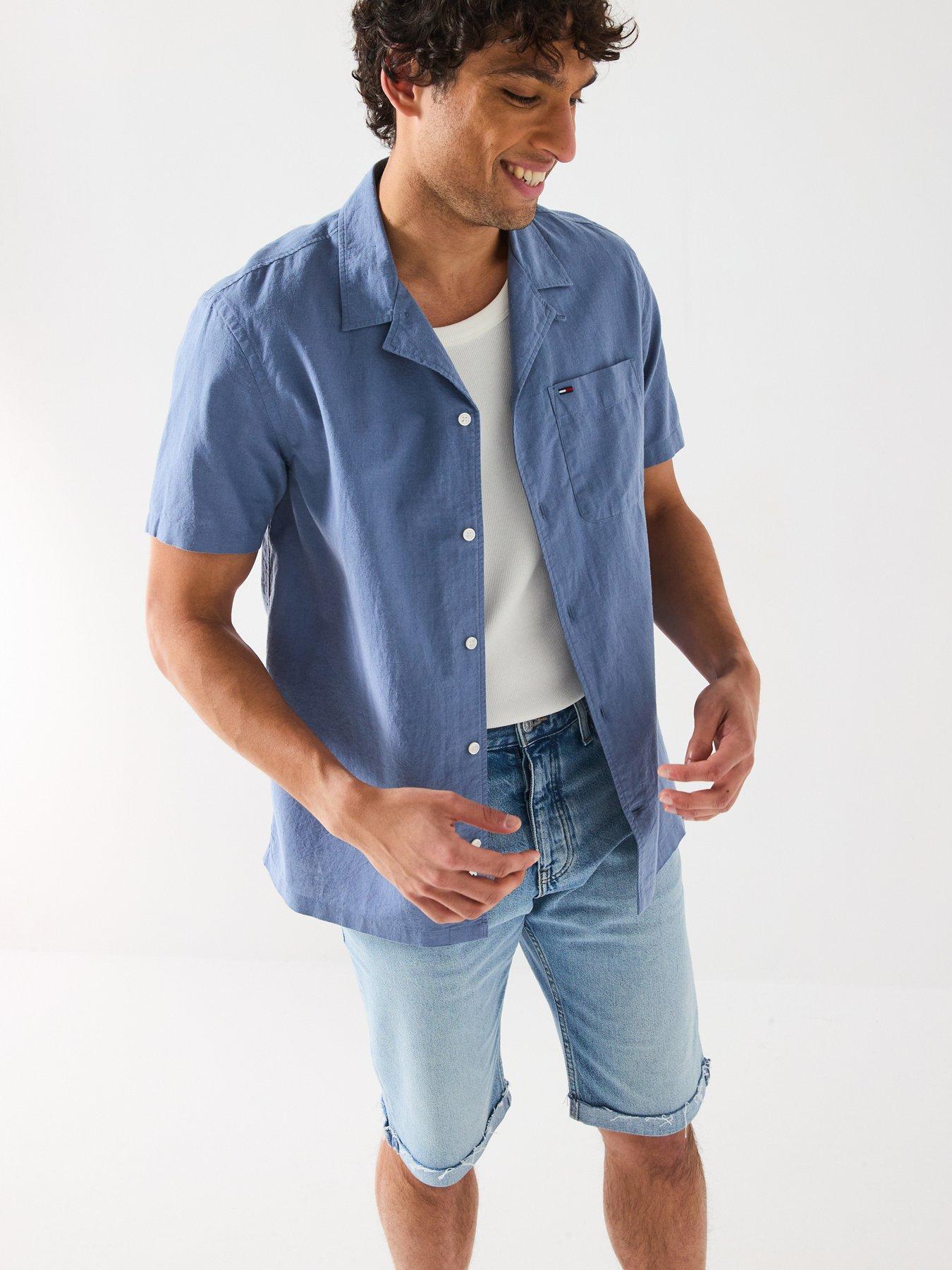 undefined Linen Blend Camp Short Sleeve Shirt - Navy