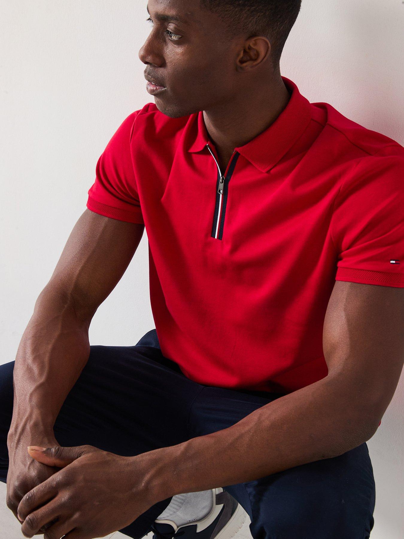 Tommy Hilfiger Interlock Zip Regular Fit Polo Shirt - Red | Very
