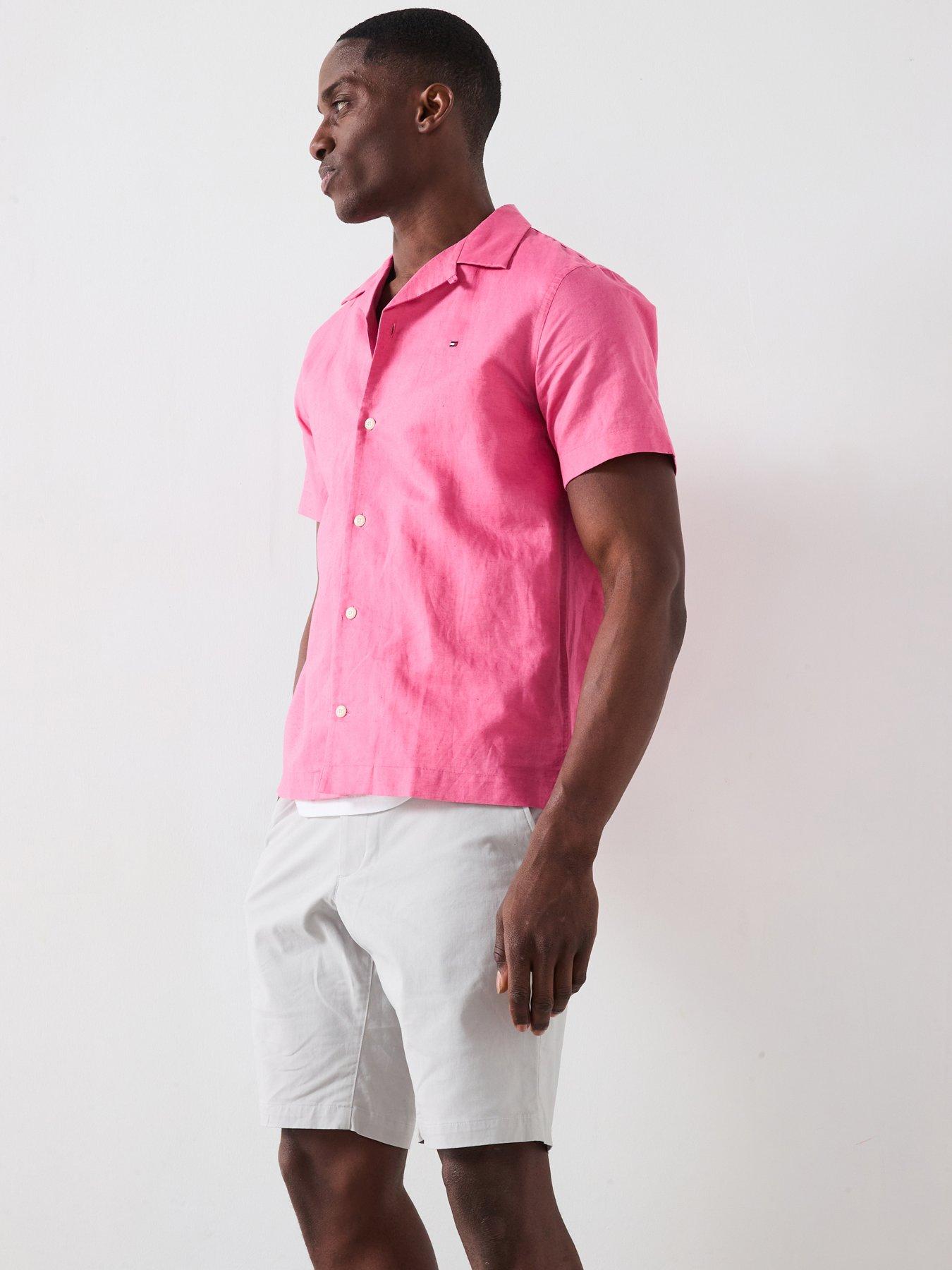 undefined Linen Blend Short Sleeve Regular Fit Revere Shirt - Pink