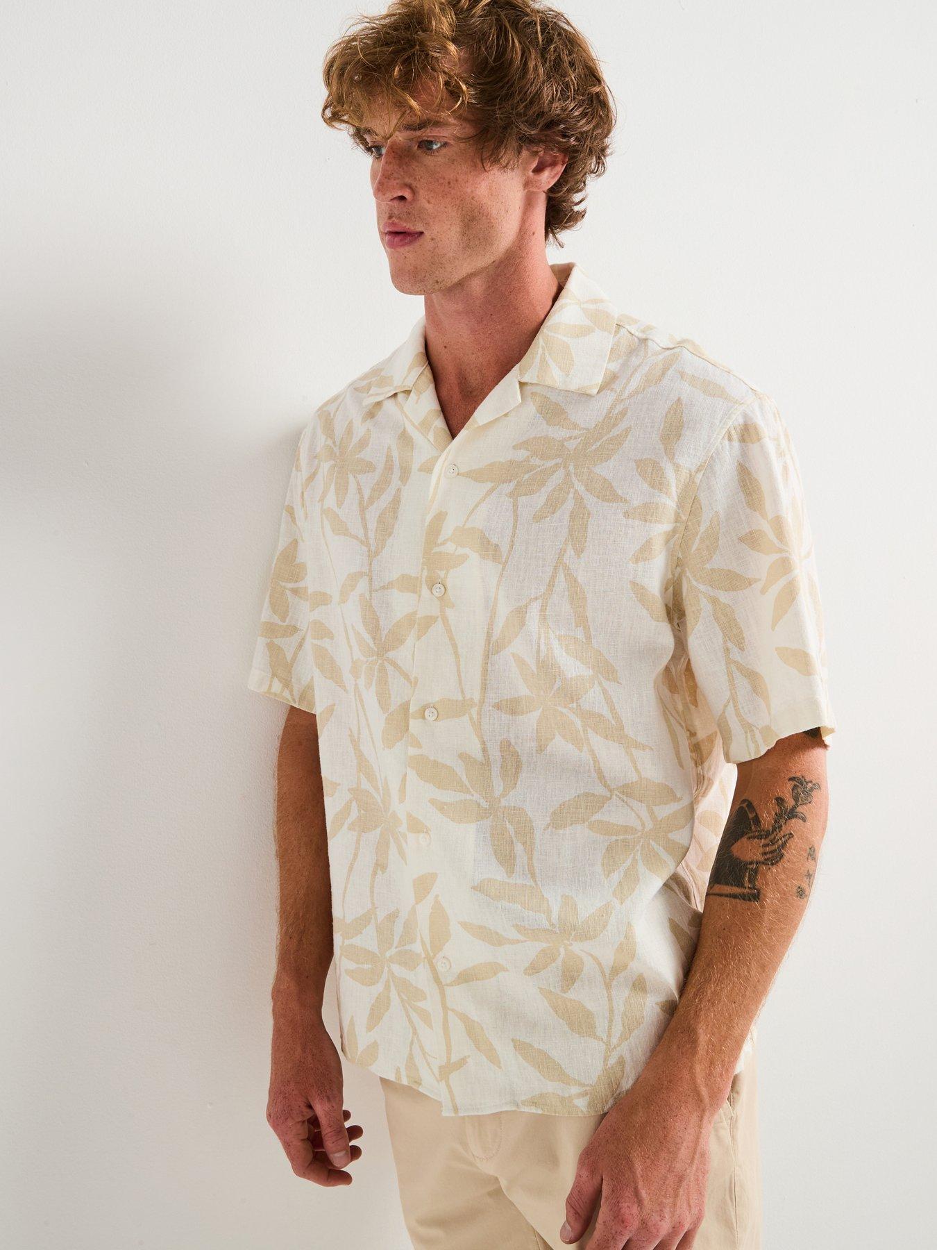 undefined Calvin Klein Revere Collar Printed Linen Short Sleeve Shirt - Light Beige