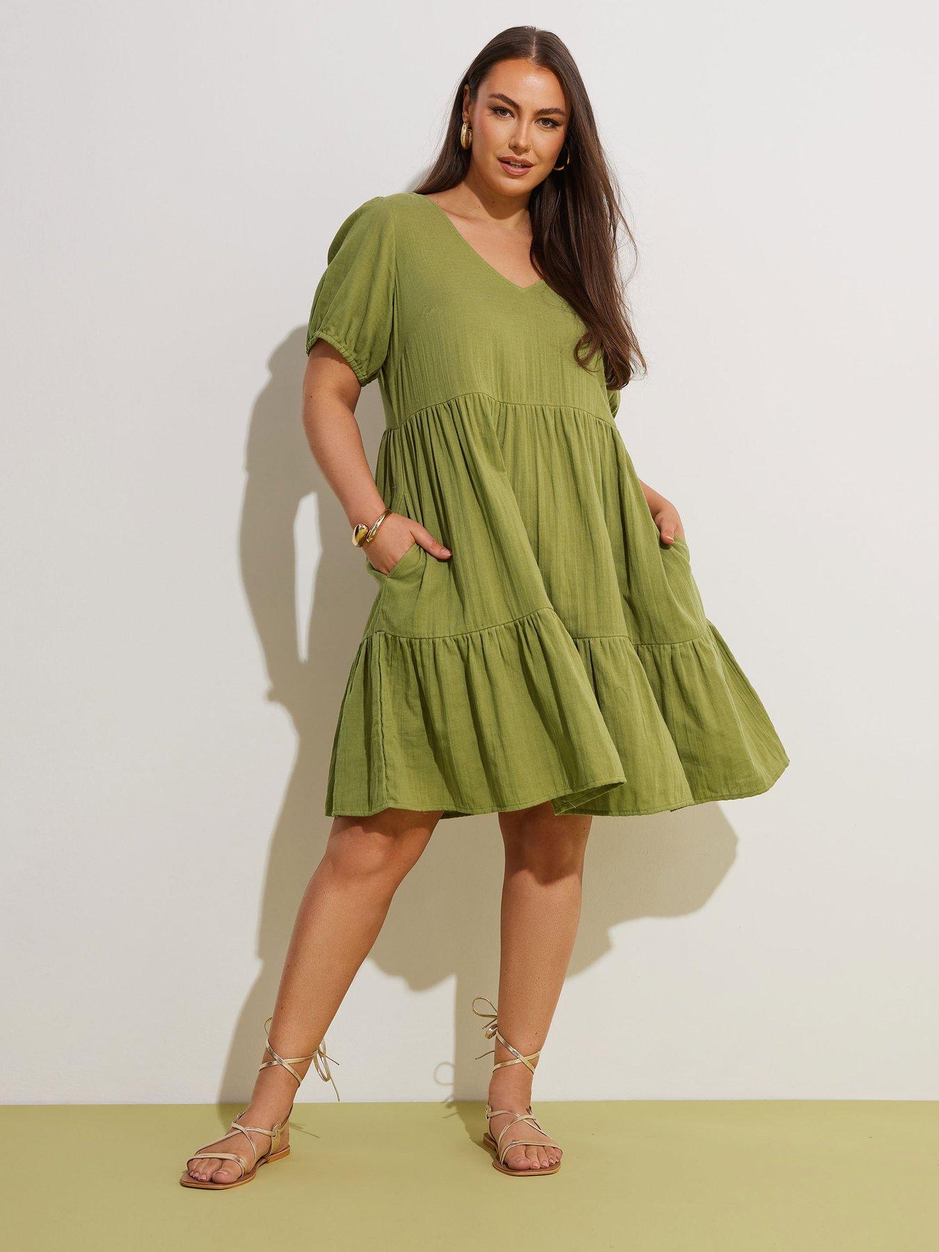 Yours Curve Cheese Cloth Smock Mini Dress - Green | Very