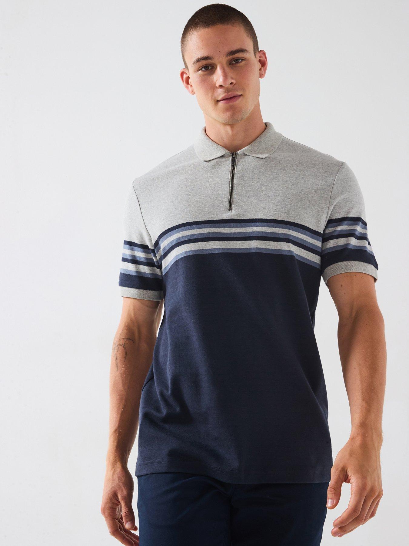 undefined Heavyweight Colour Block Zip Neck Polo - Blue