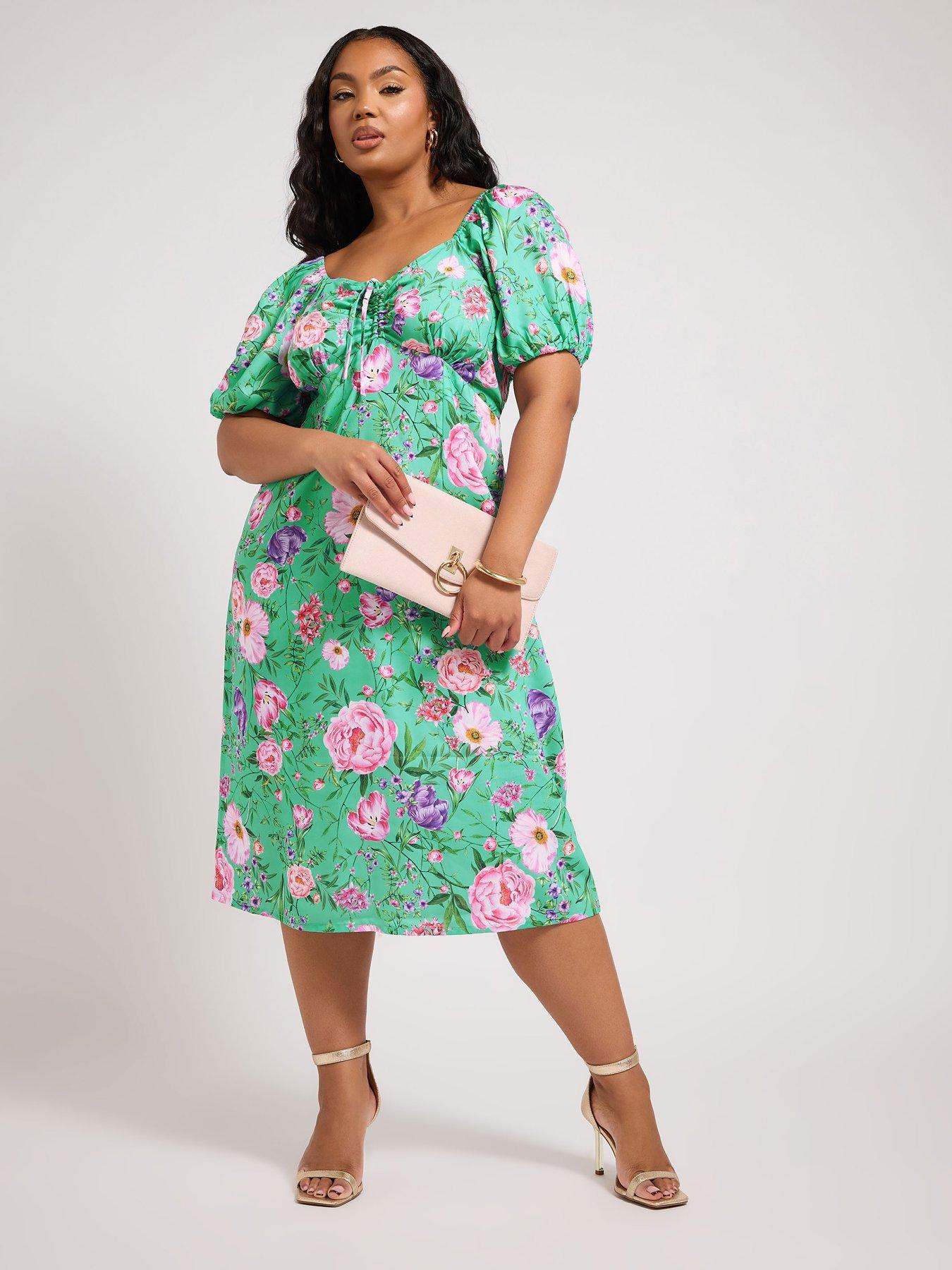 undefined Curve Floral Puff Sleeve Dress