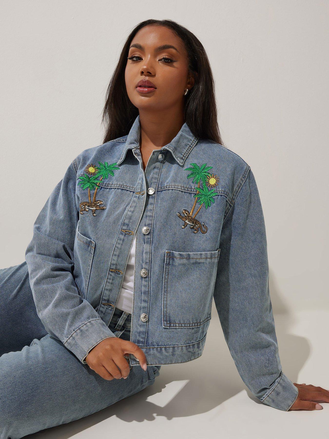 undefined Curve Palm Tree Embroidered Denim Jacket