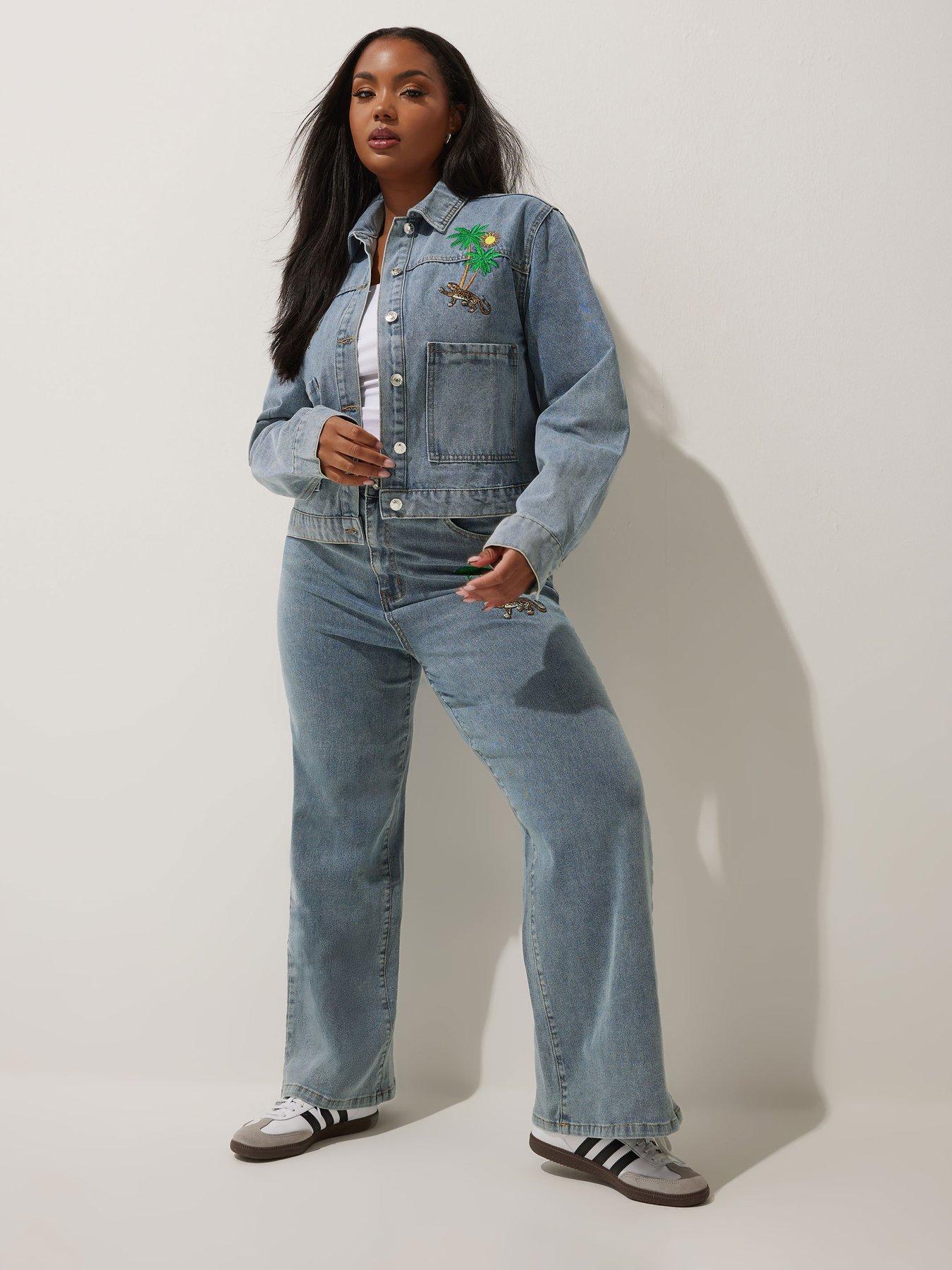 Image 3 of 4 of Yours Curve Palm Tree Embroidered Denim Jacket