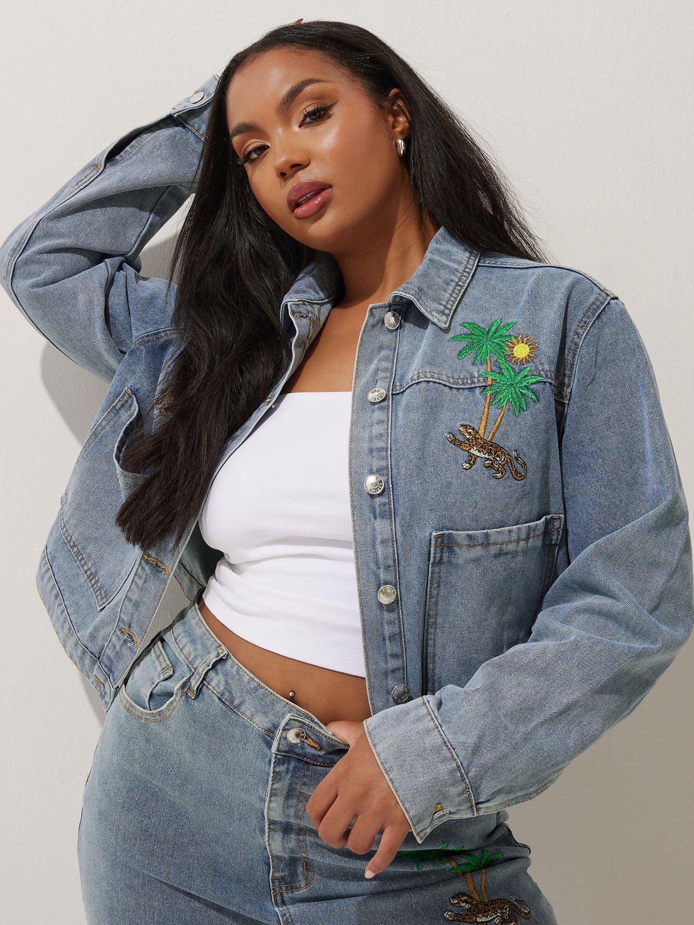 Image 4 of 4 of Yours Curve Palm Tree Embroidered Denim Jacket