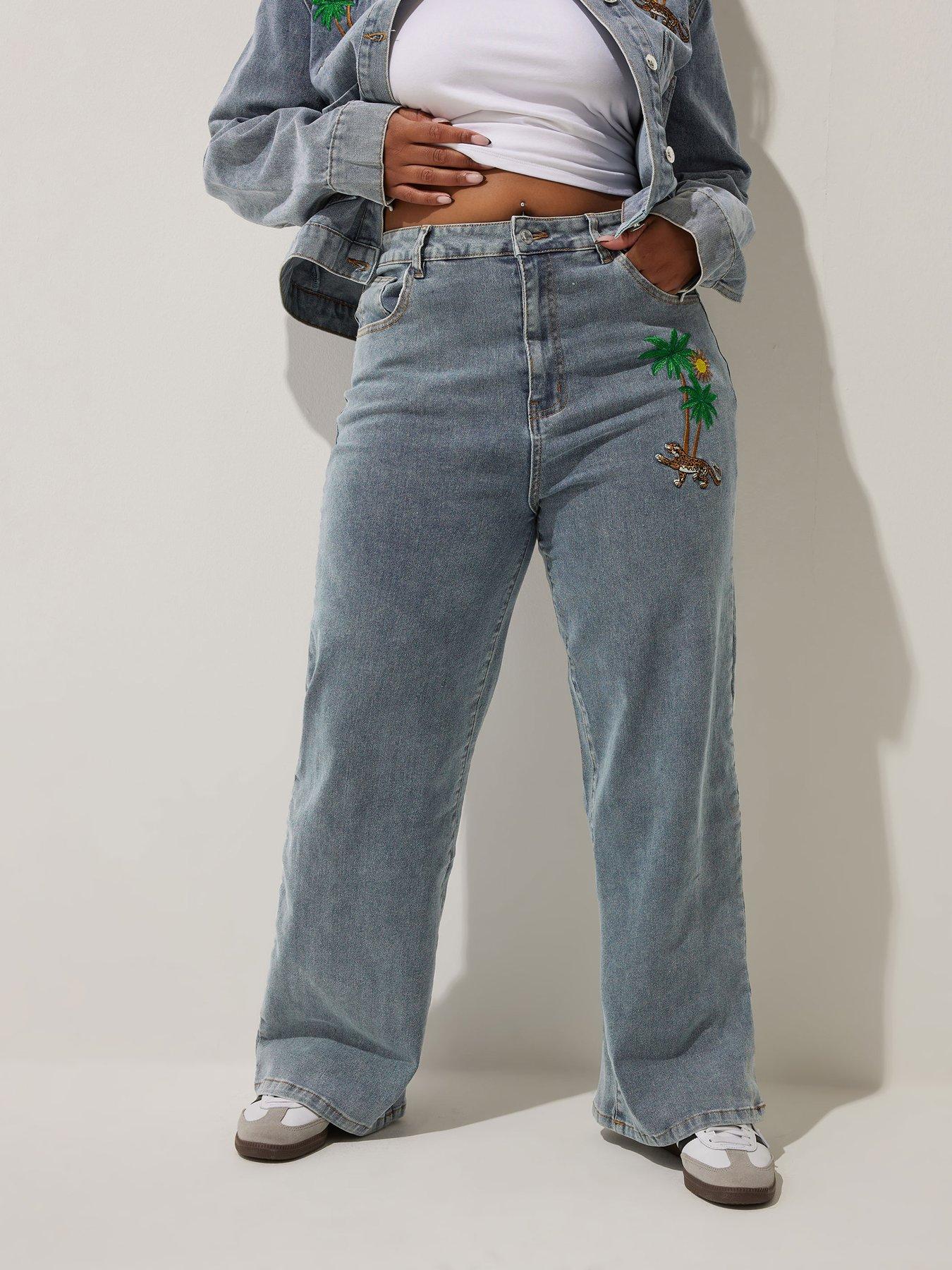 Image 1 of 4 of Yours Curve Palm Tree Embroidered Denim Jeans