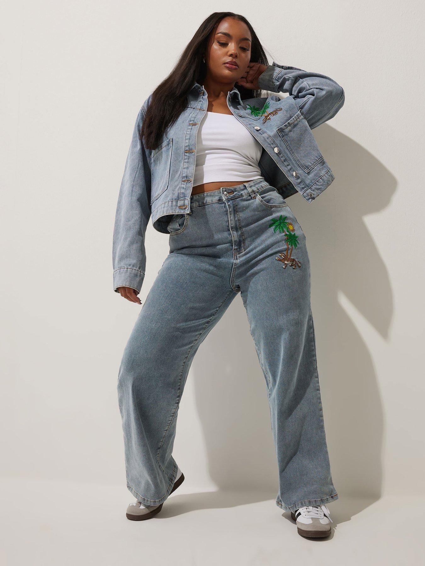Image 3 of 4 of Yours Curve Palm Tree Embroidered Denim Jeans