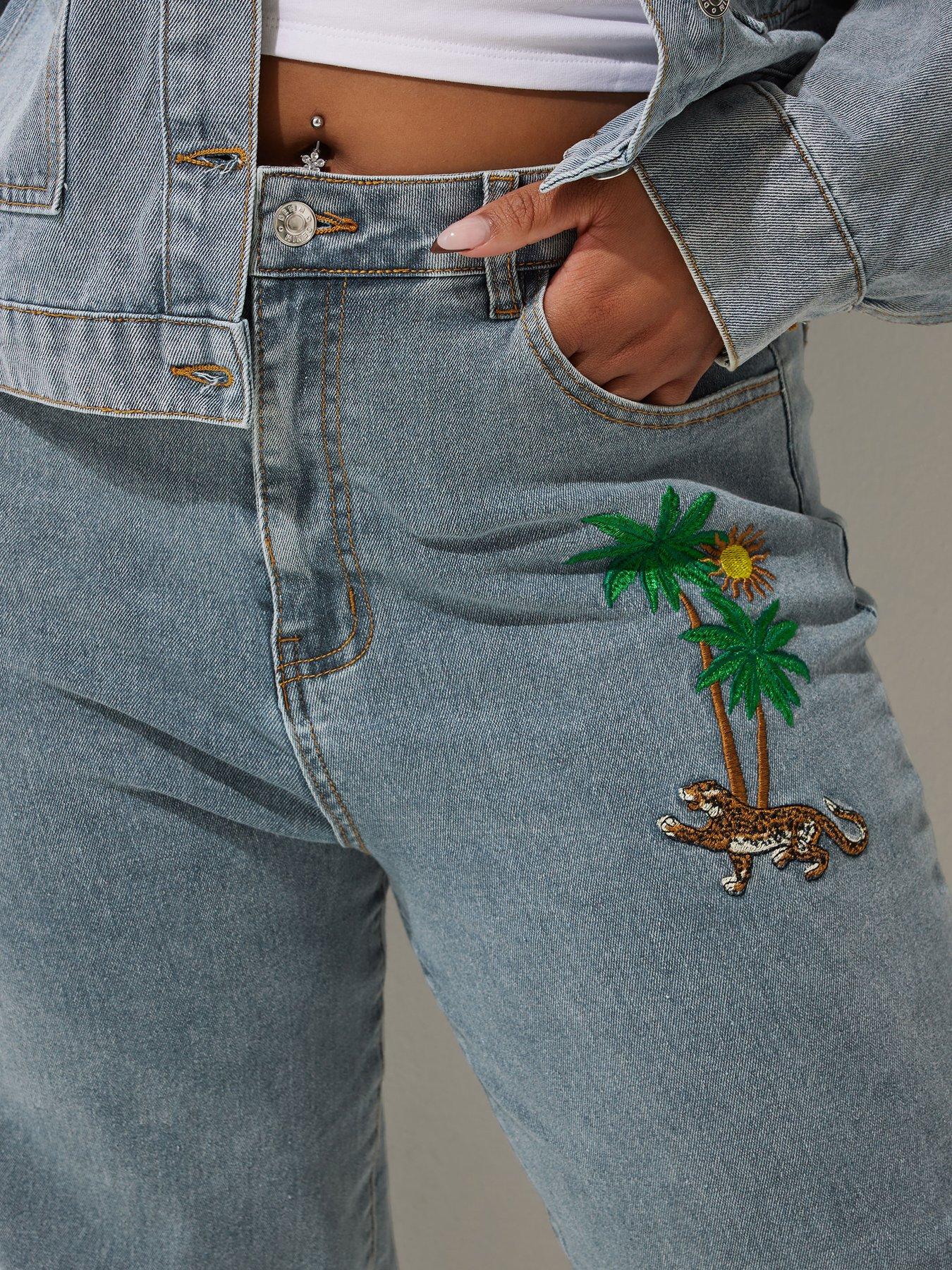 Image 4 of 4 of Yours Curve Palm Tree Embroidered Denim Jeans