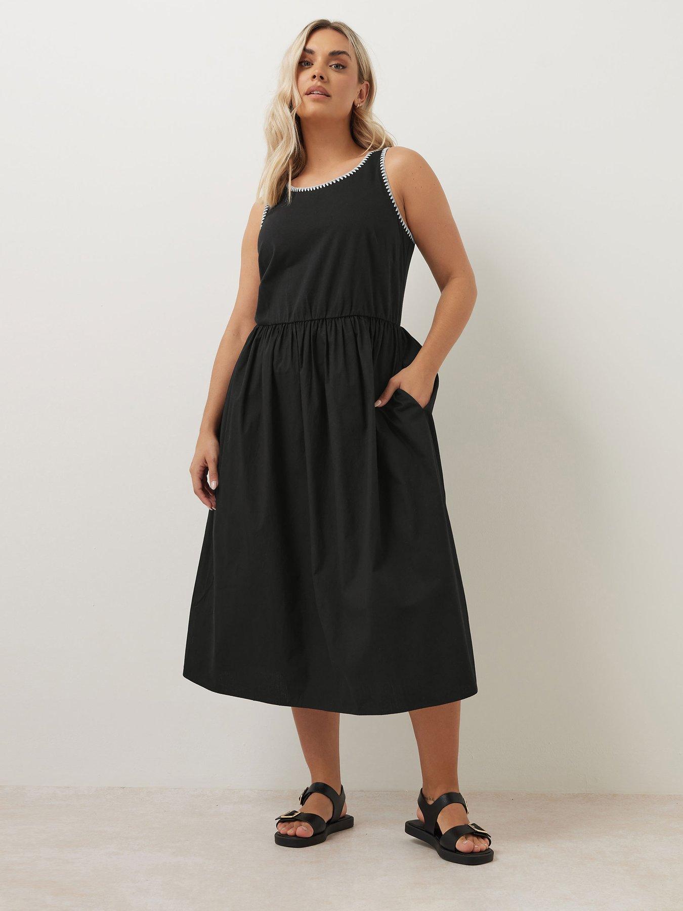 undefined Curve Poplin Blanket Stitch Dress - Black