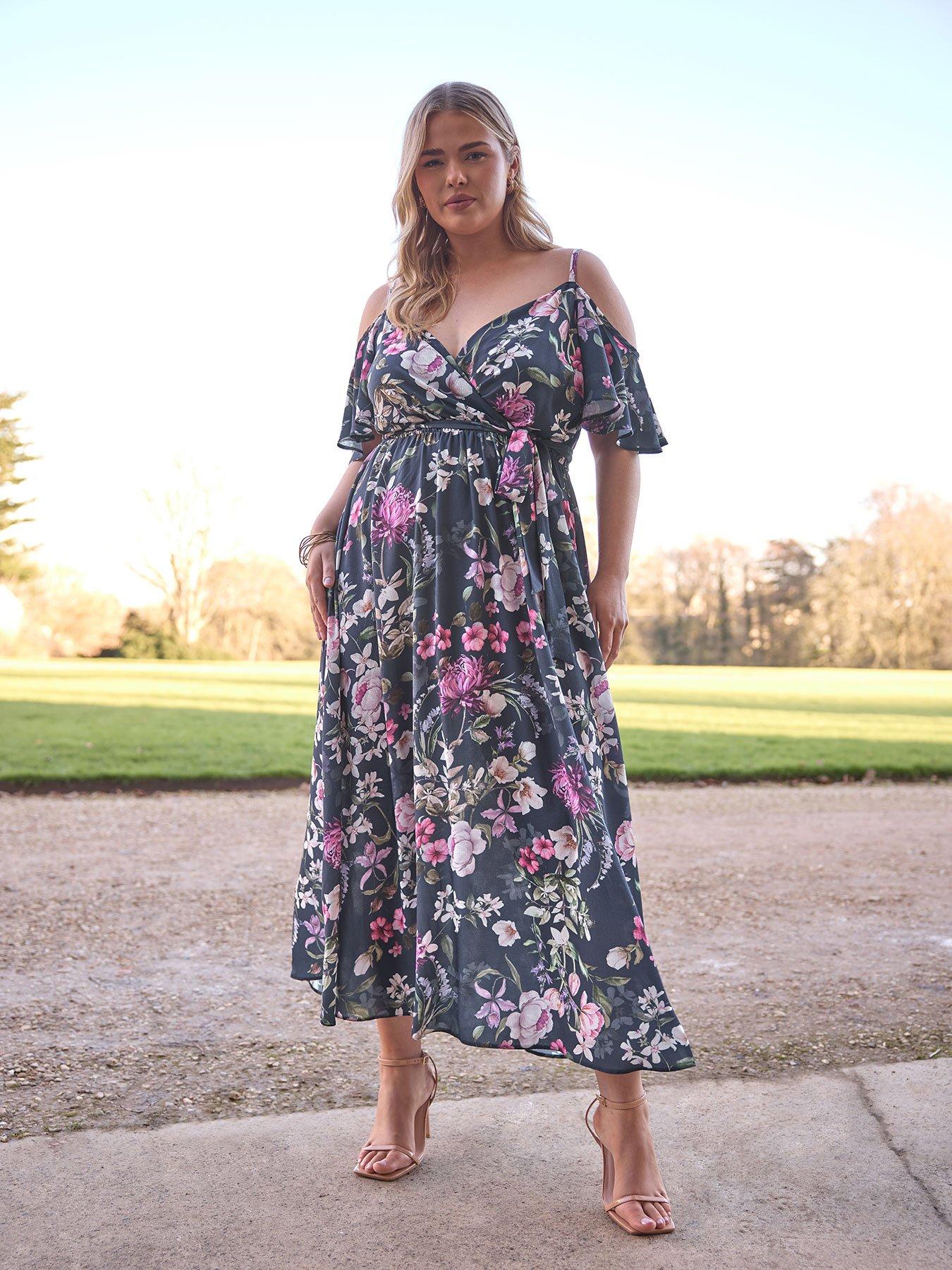 Image 1 of 4 of Yours Curve Floral Cold Shoulder Wrap Maxi