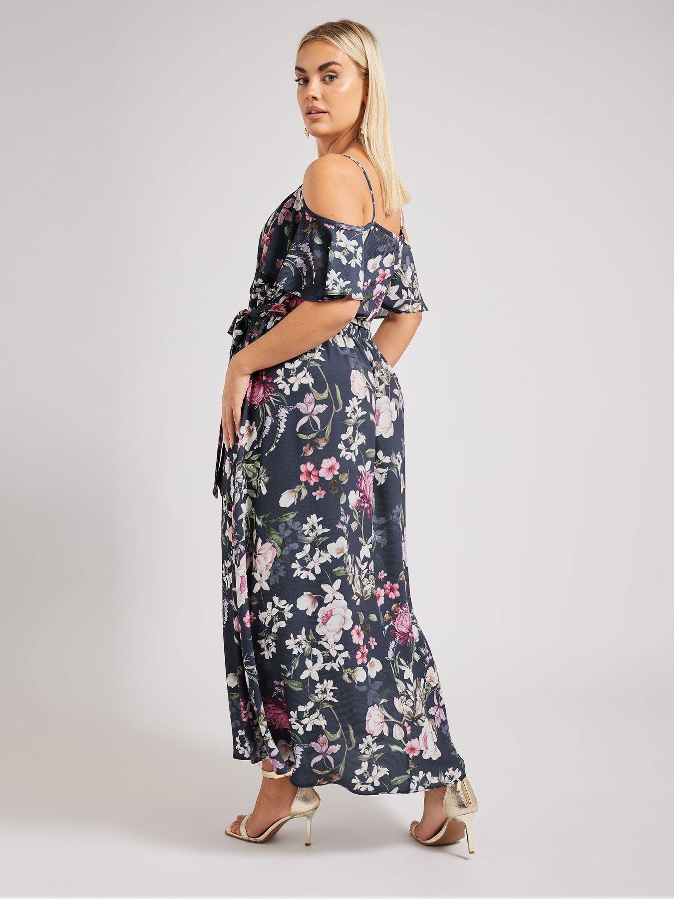 Image 2 of 4 of Yours Curve Floral Cold Shoulder Wrap Maxi