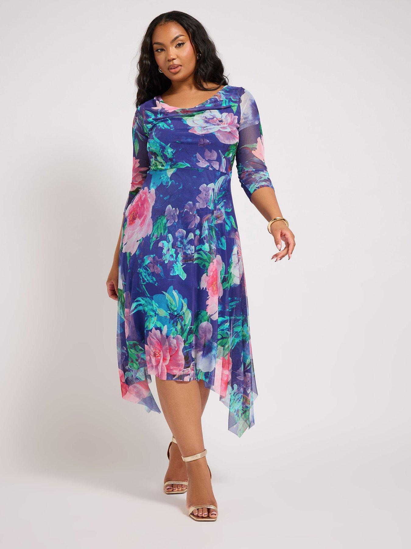 Yours Curve Floral Mesh Cowl Neck Hanky Hem Dress Very