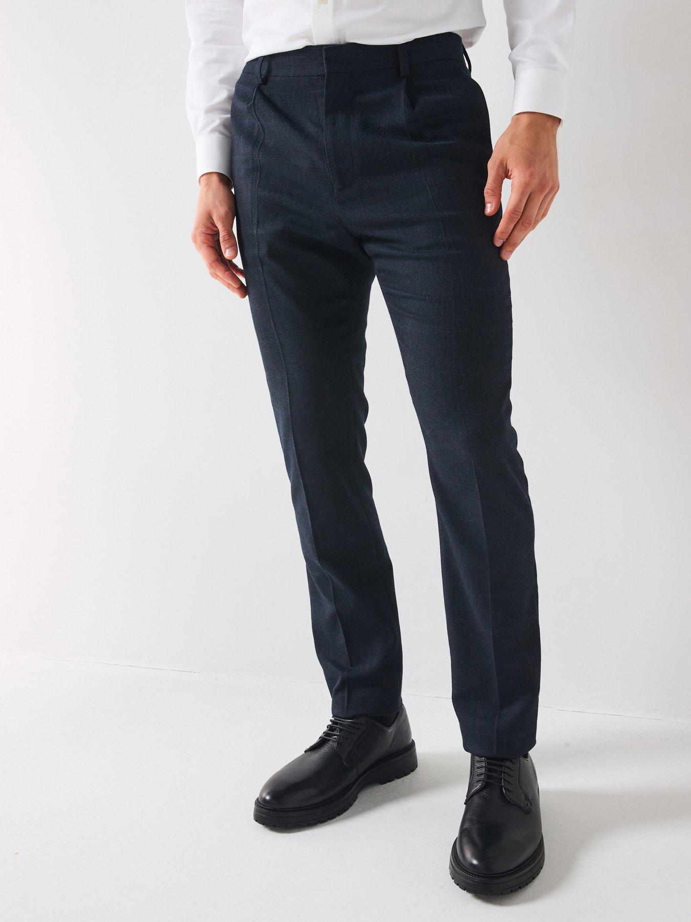 Very Man Tapered Fit Textured Windowpane Check Pleated Formal Trouser - Navy