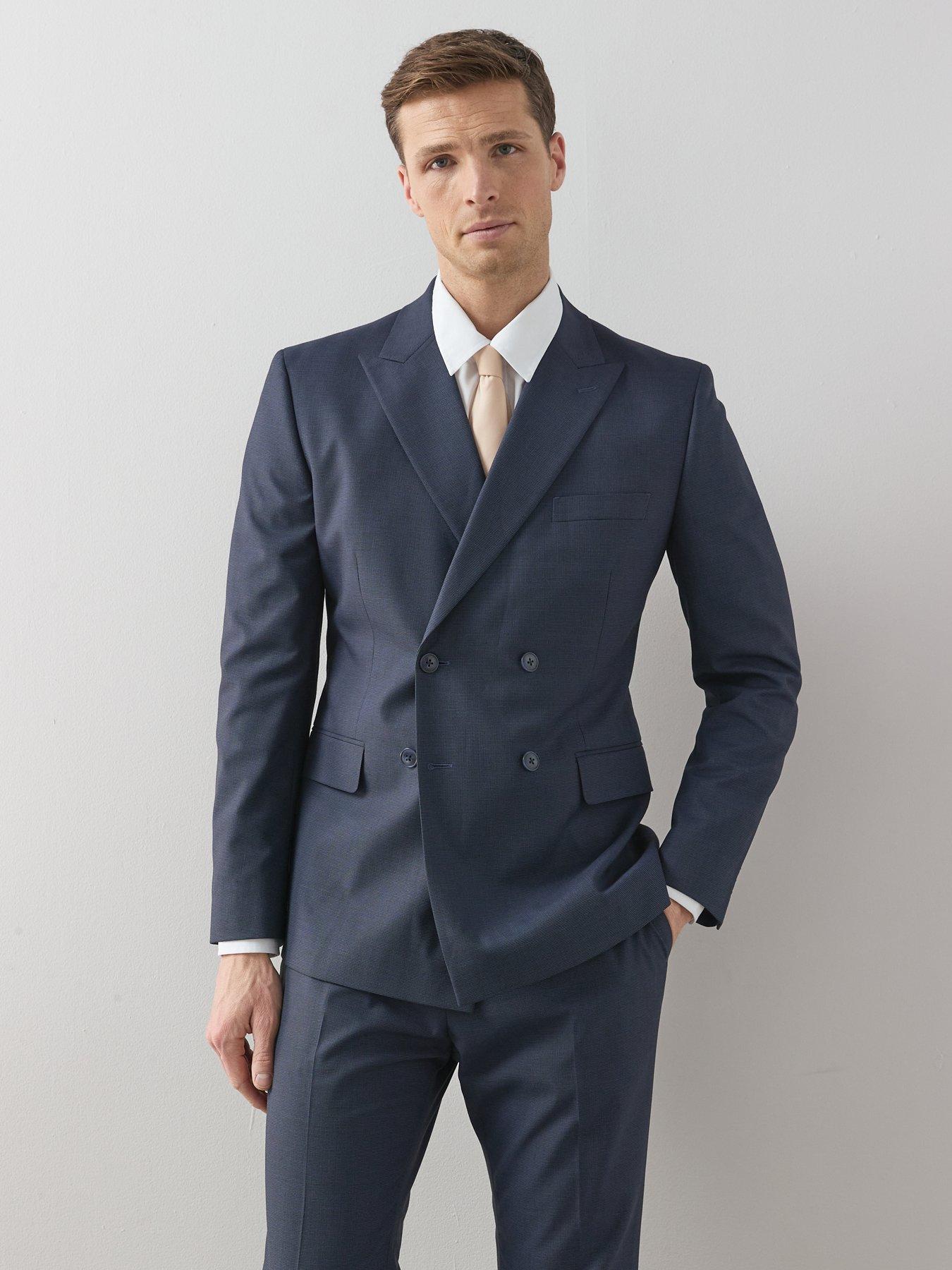 Image 4 of 6 of Very Man Slim Fit Micro Dogtooth Peak Lapel Double Breasted Suit Jacket - Navy