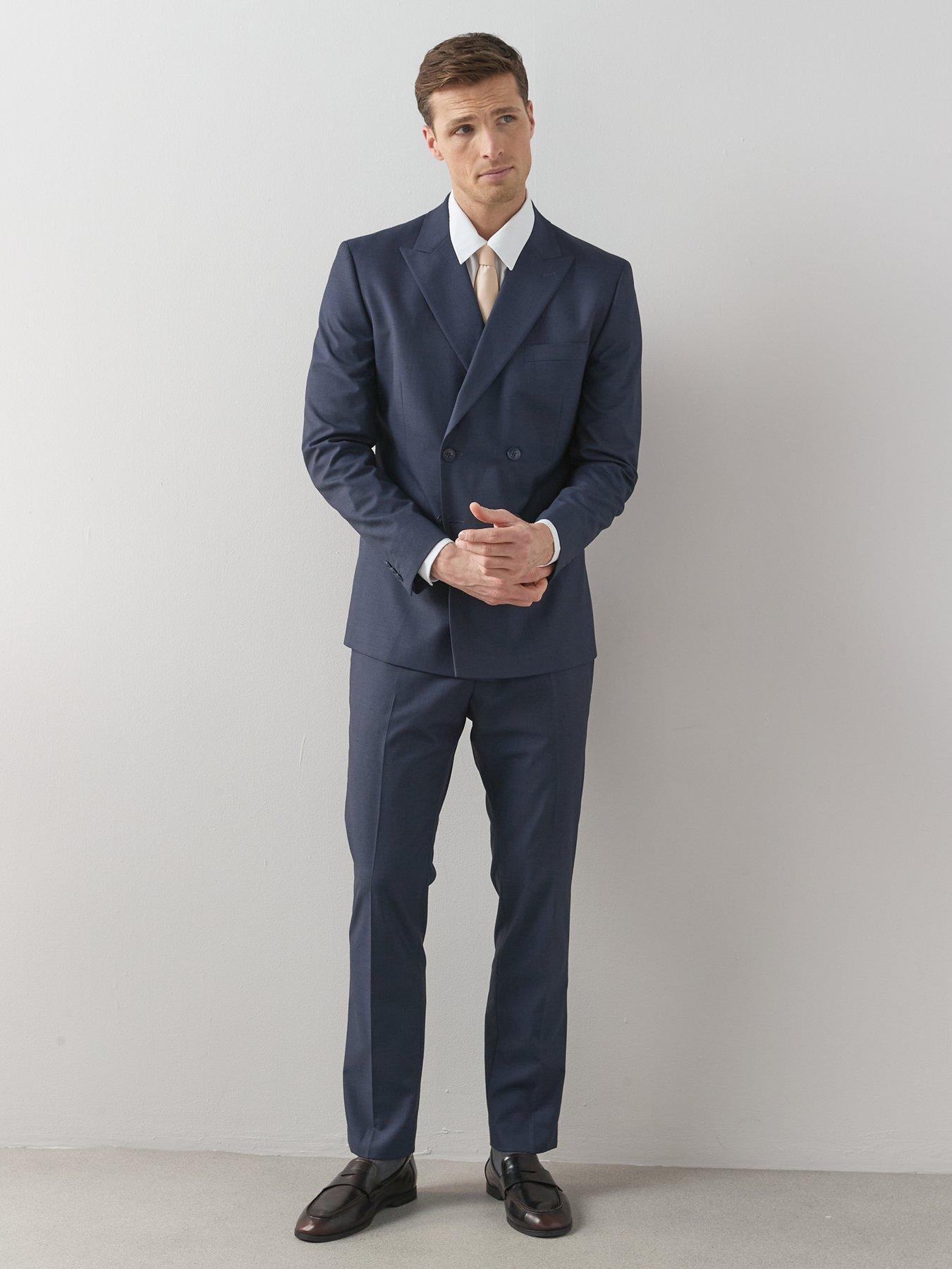 Image 6 of 6 of Very Man Slim Fit Micro Dogtooth Peak Lapel Double Breasted Suit Jacket - Navy