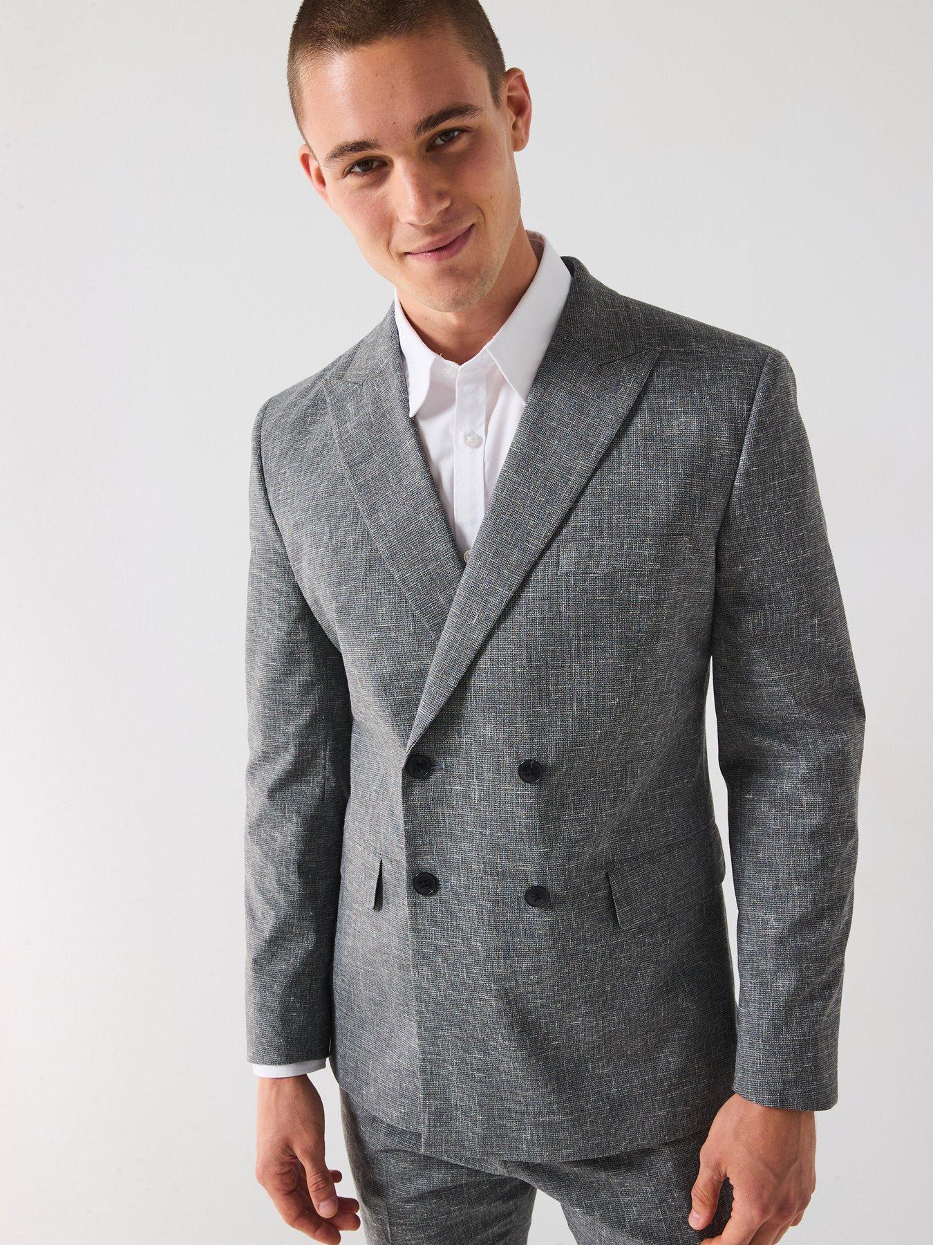 undefined Slim Fit Peak Lapel Double Breasted Textured Suit Jacket - Grey