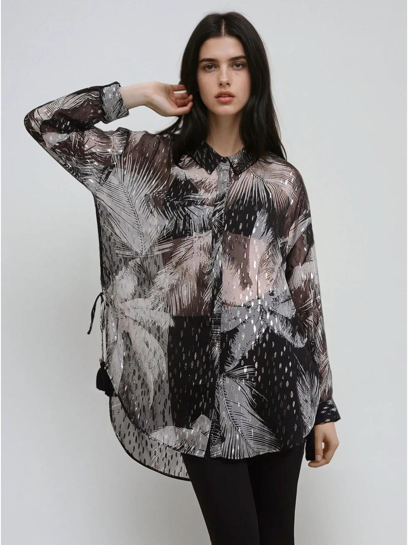 undefined Tanzanite Oversized Shirt In Lurex Palm Print With Tassels
