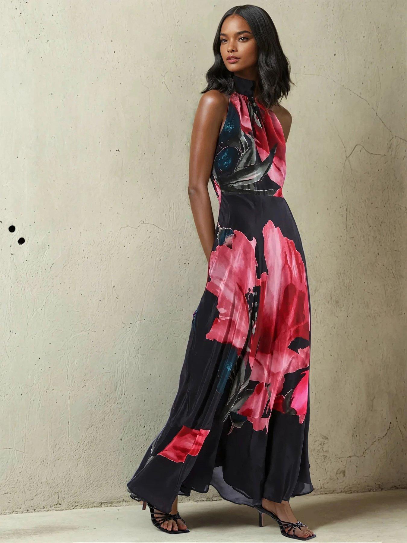 Image 1 of 6 of Religion Valeria Column Maxi Dress With Large Floral Print - Pink