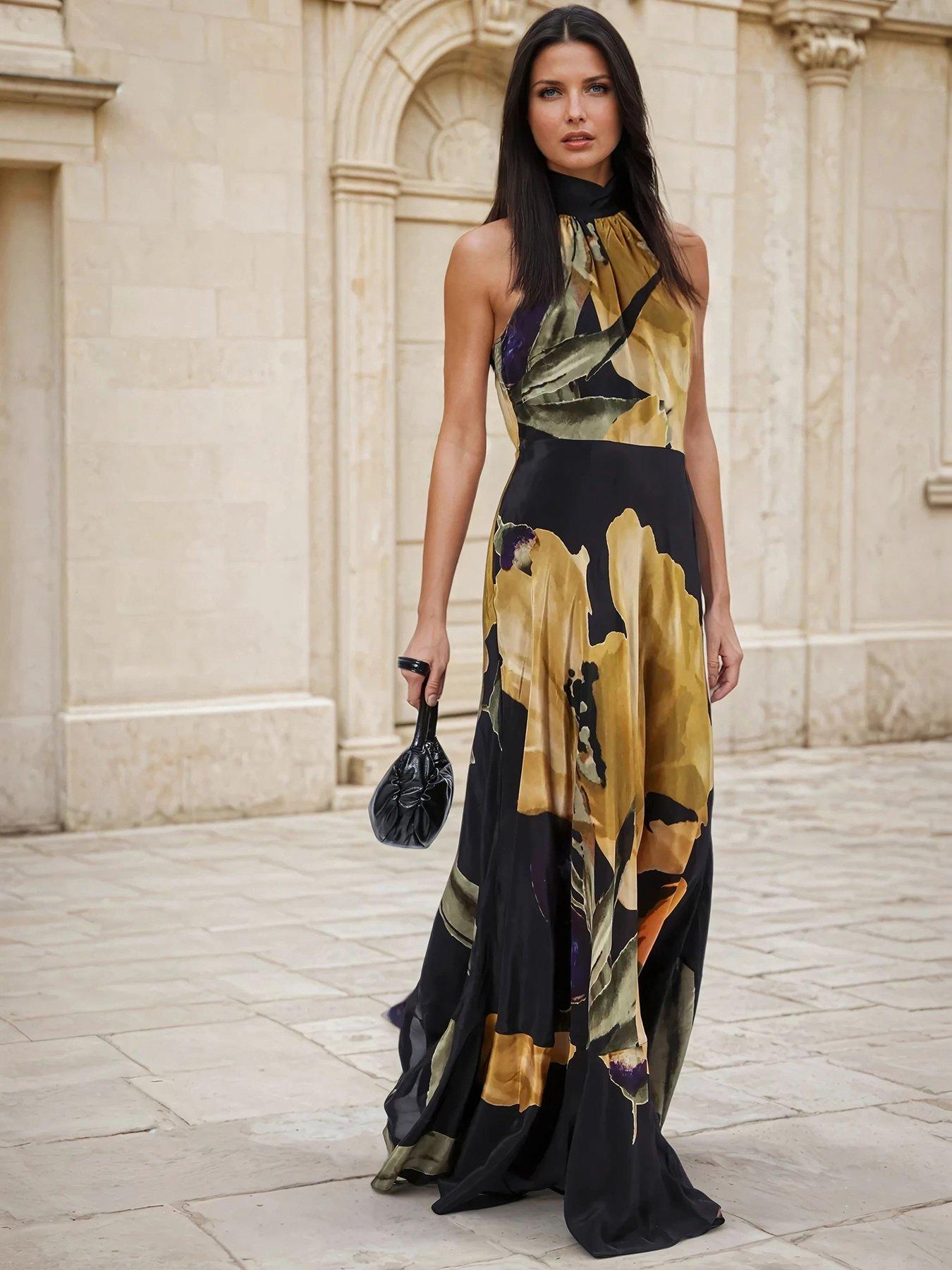 Image 1 of 6 of Religion Valeria Column Maxi Dress With Large Yellow Floral Print
