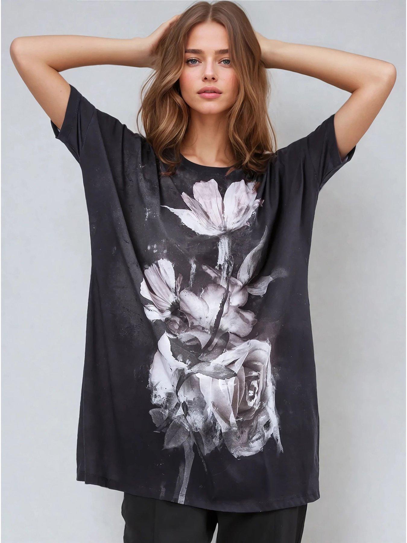 undefined Cloak Tunic Dress With Large Floral Placement Print
