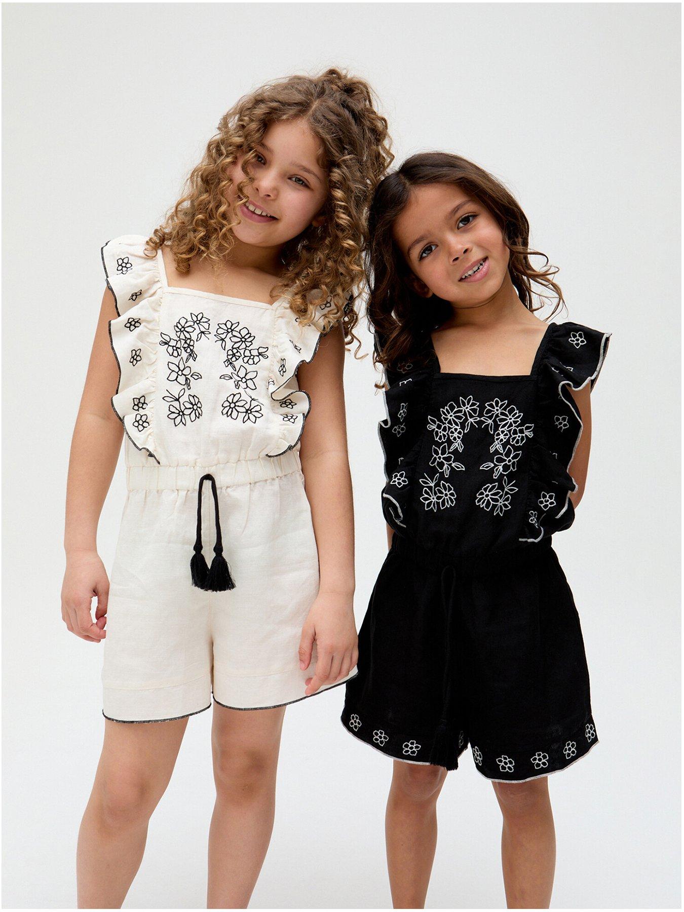 undefined Girls Philo Placement Embroidered Playsuit - Cream