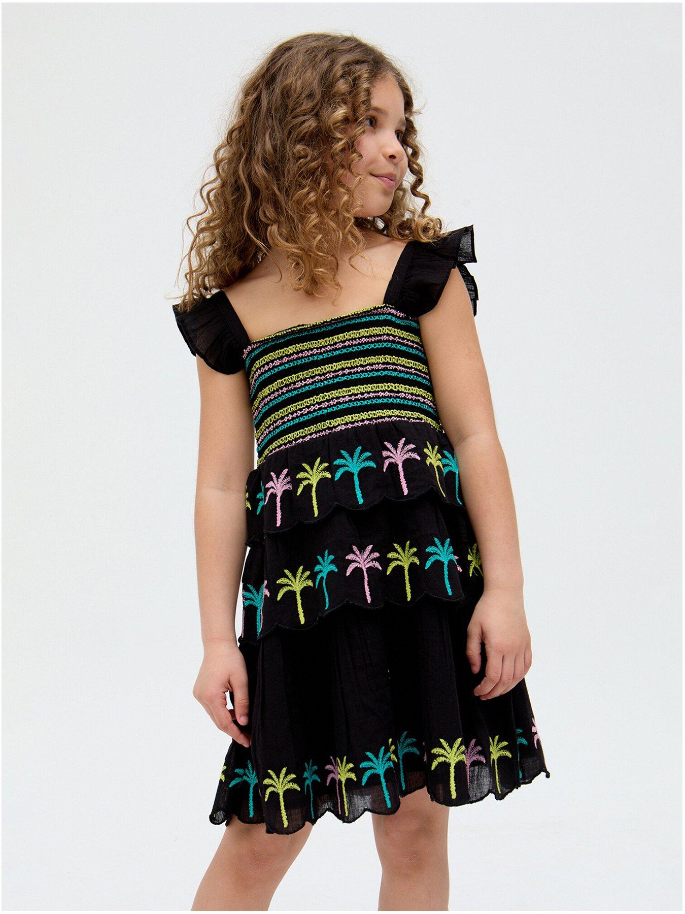 undefined Girls Ruffle Embroidery Placement Dress - Blue